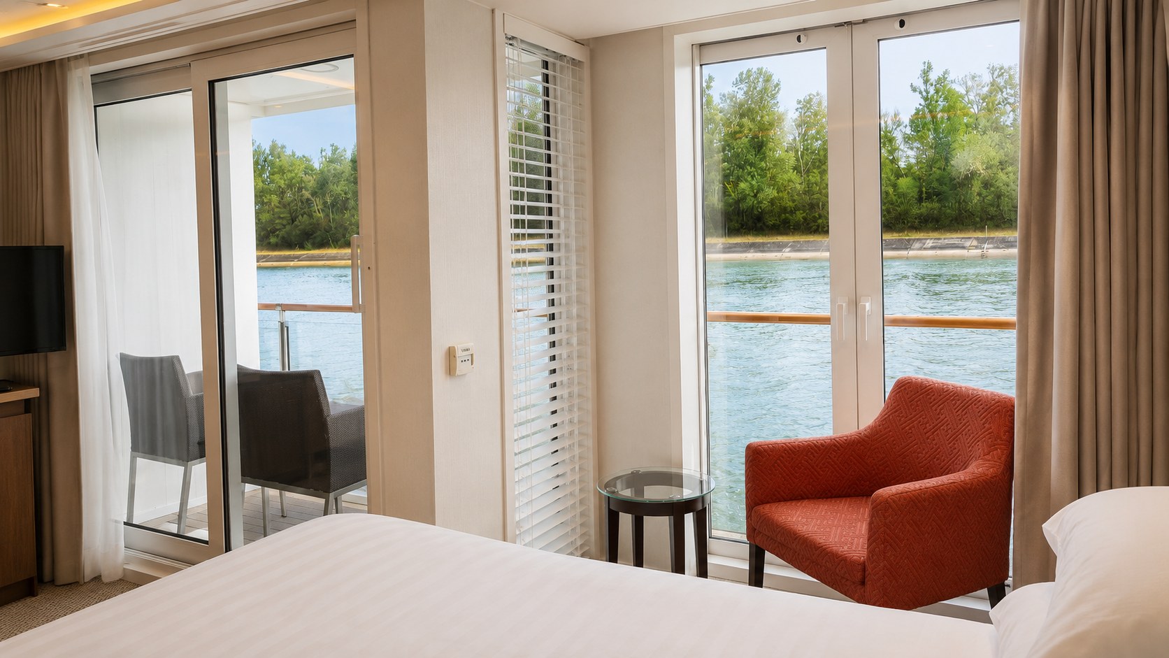 AmaMora Category AB stateroom, view to balcony