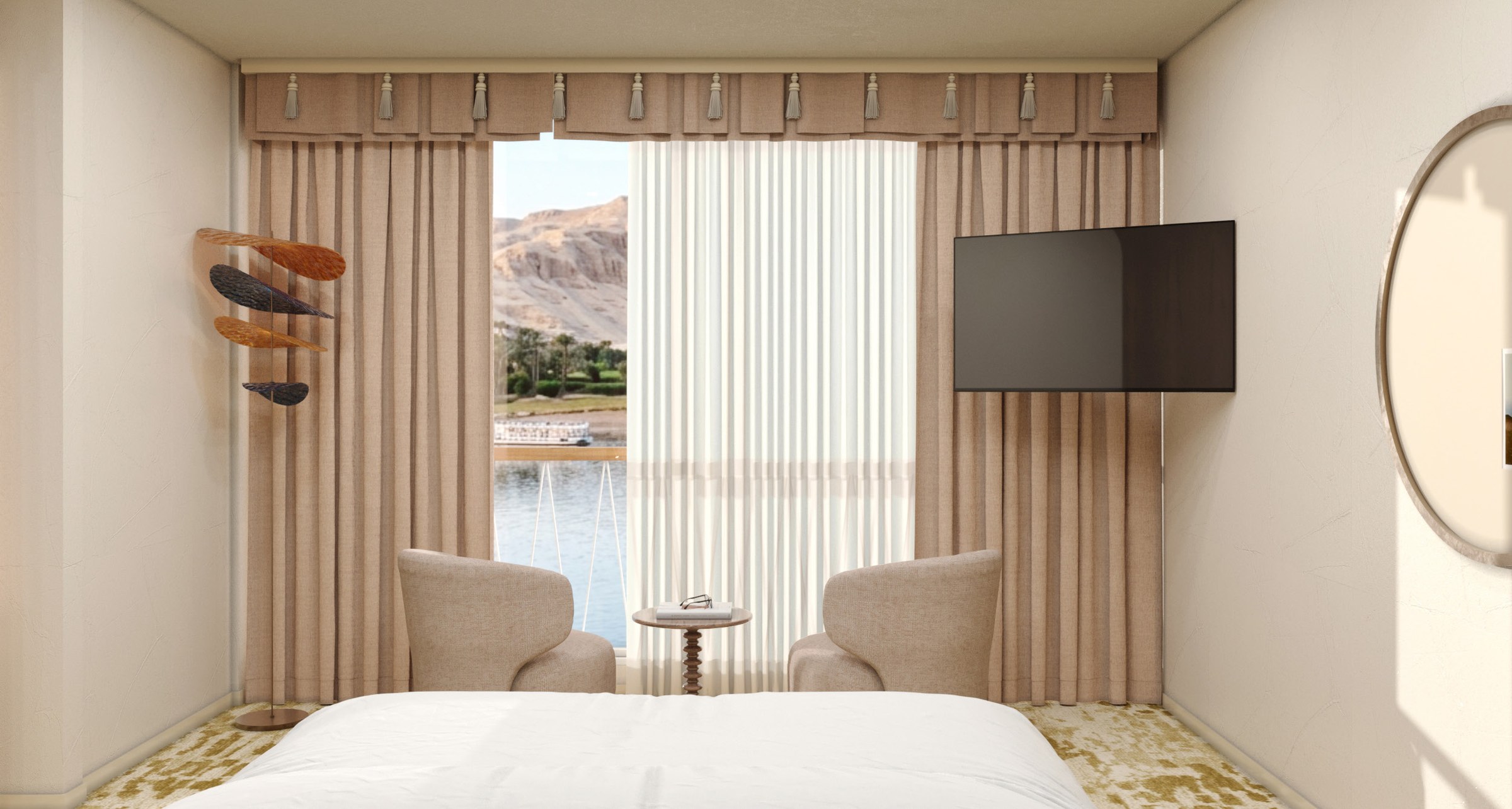 AmaNubia Category GS/LS suite bedroom with Nile view (rendering)