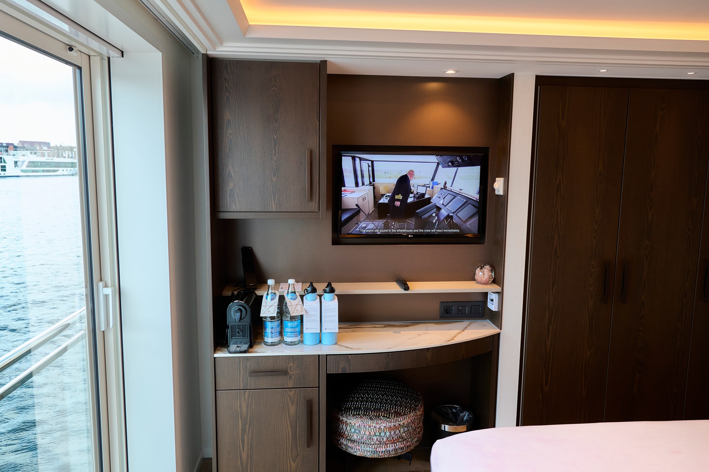AmaSofia stateroom vanity and TV