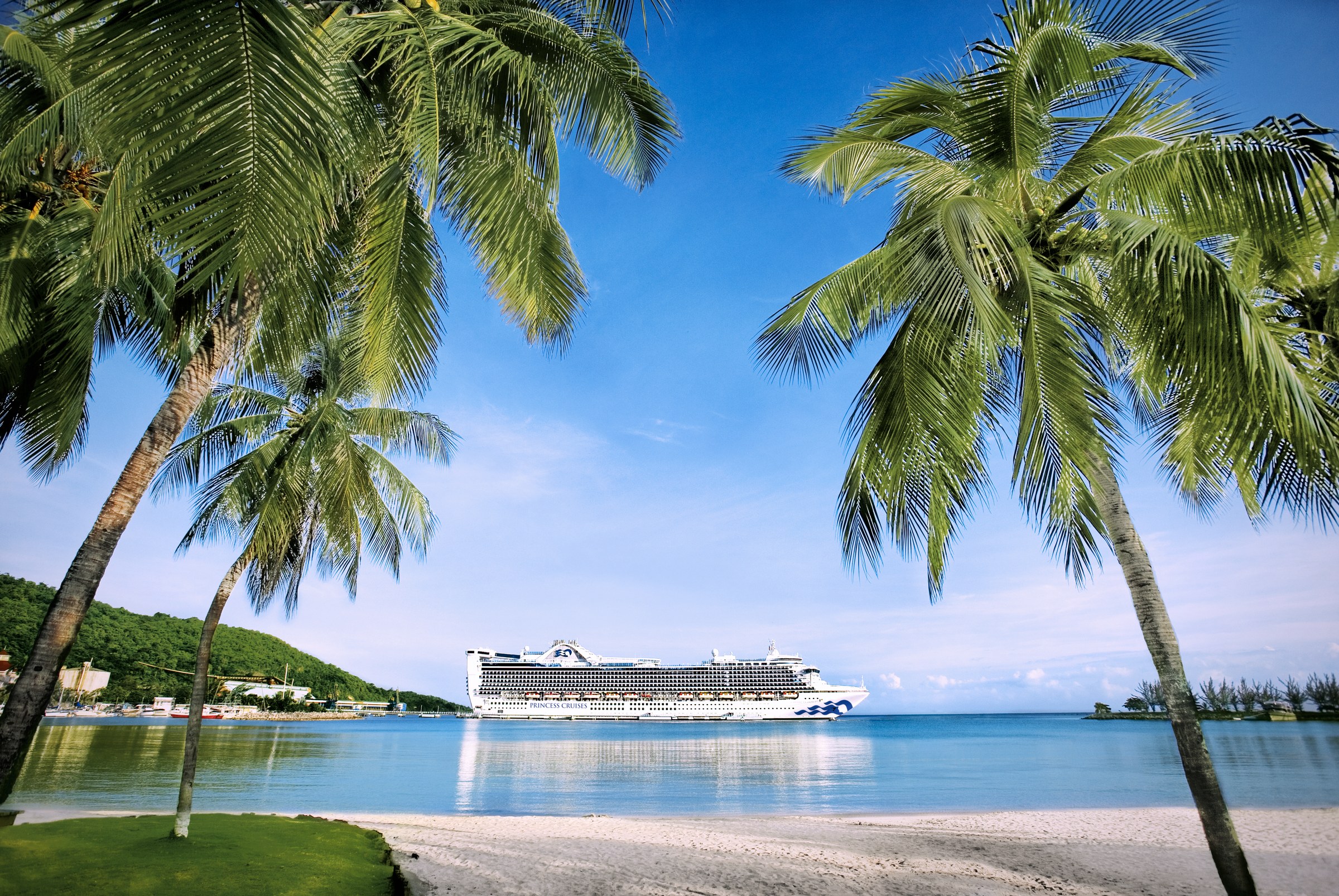 Caribbean Princess at anchor in a blue bay framed by palm trees