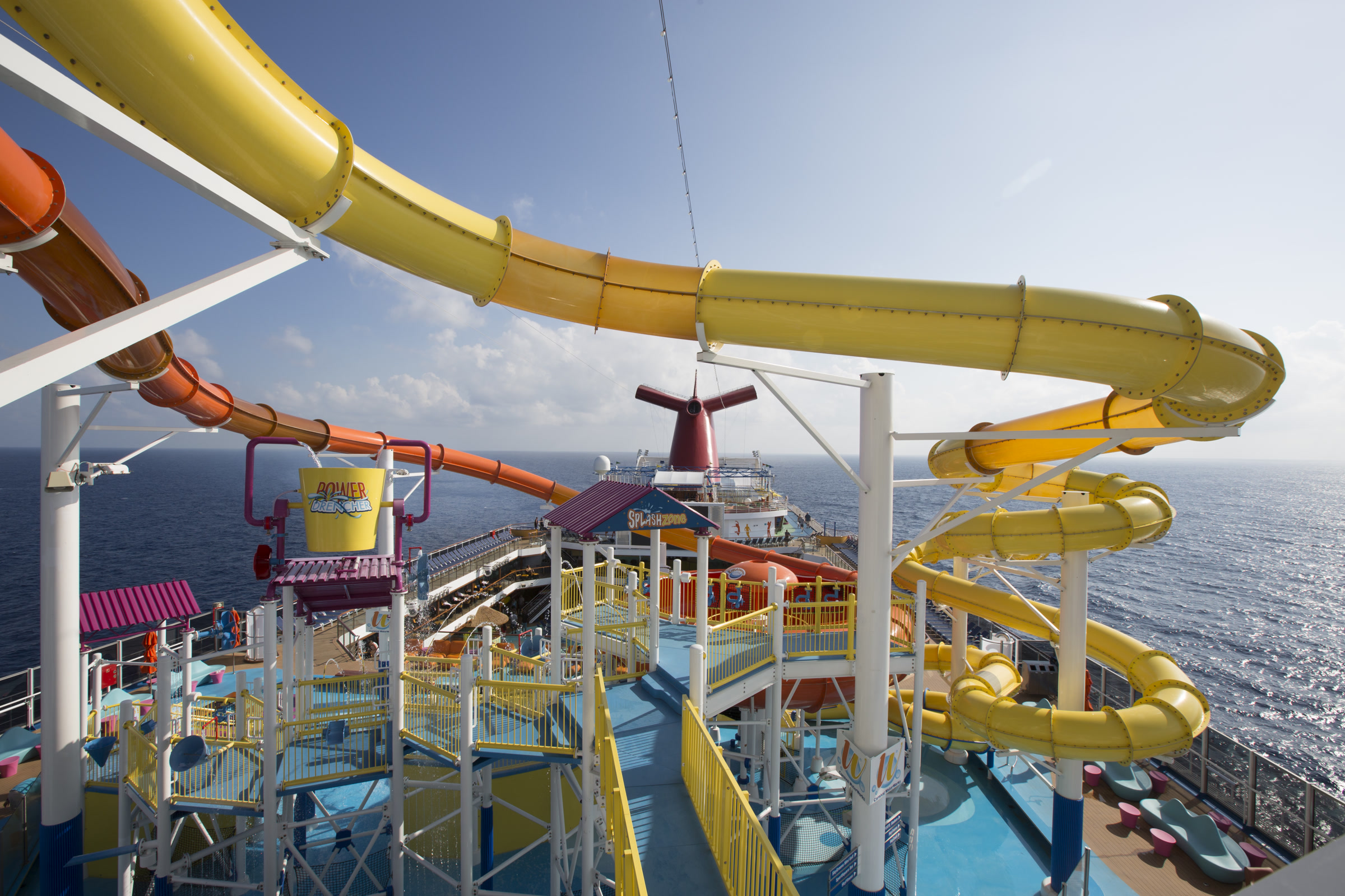Carnival Breeze WaterWorks yellow slides on sunny upper deck