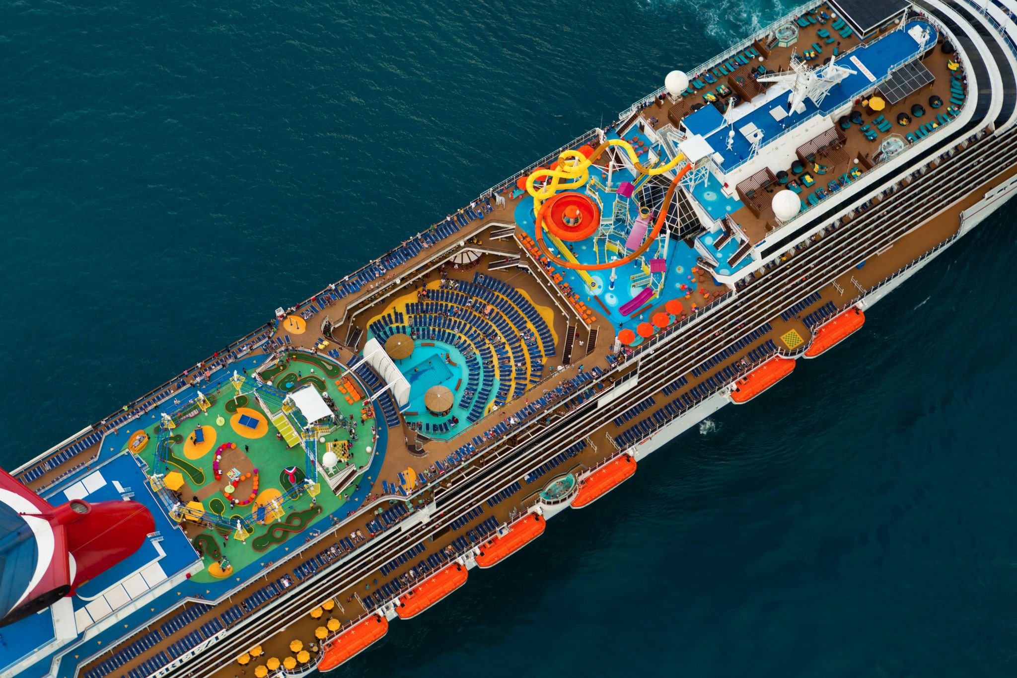 Carnival Breeze aerial view of the pool decks, WaterWorks and mini golf from the stern