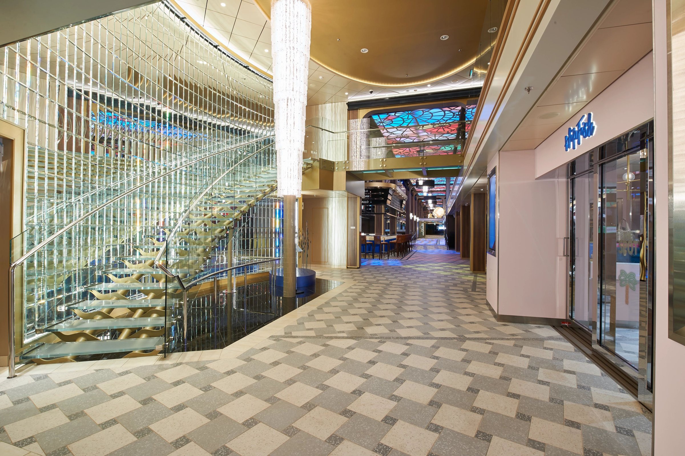 Carnival Celebration Gateway staircase and promenade with a crystal chandelier