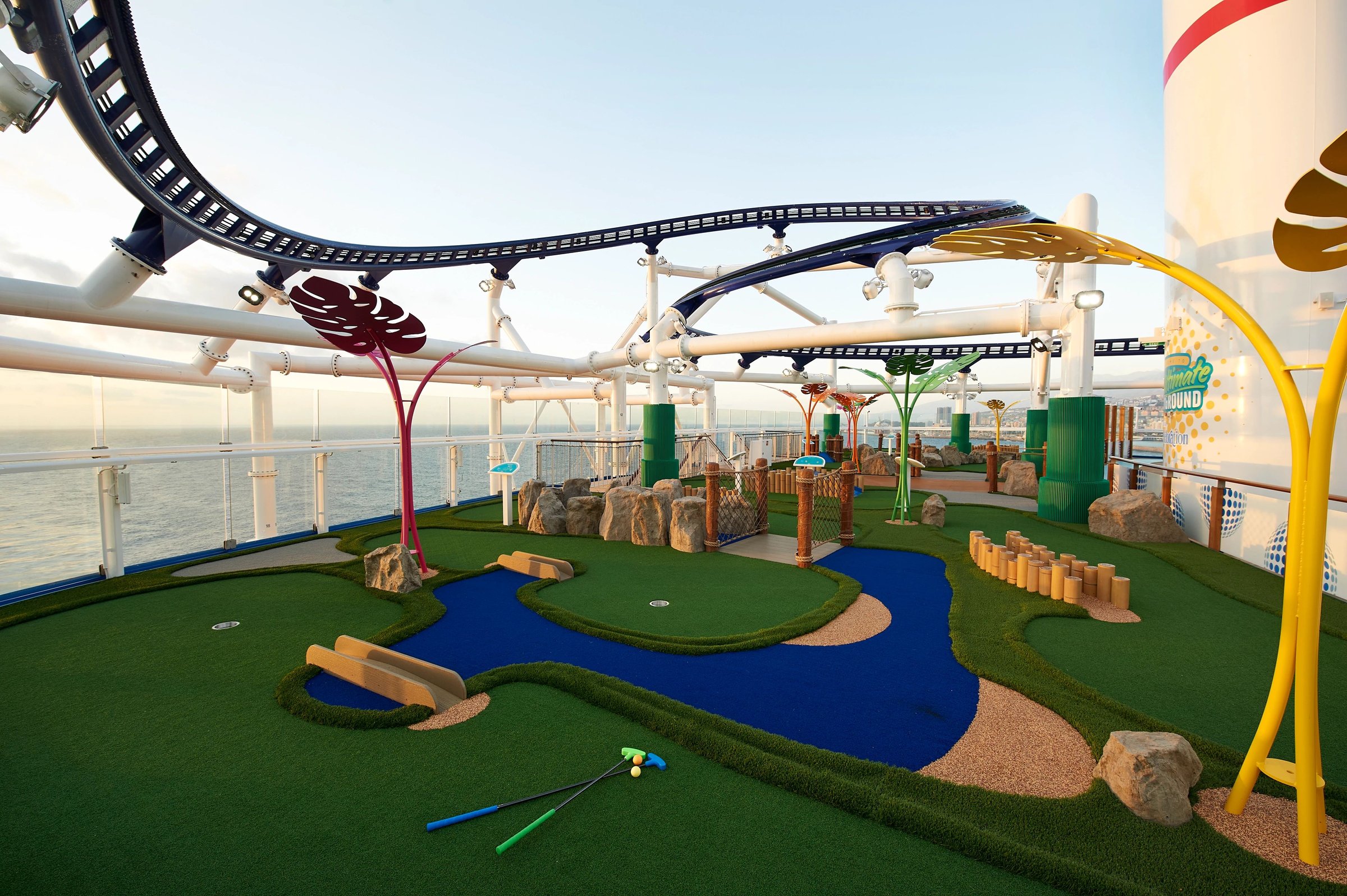 Carnival Celebration Ultimate Playground mini golf beneath the BOLT coaster track