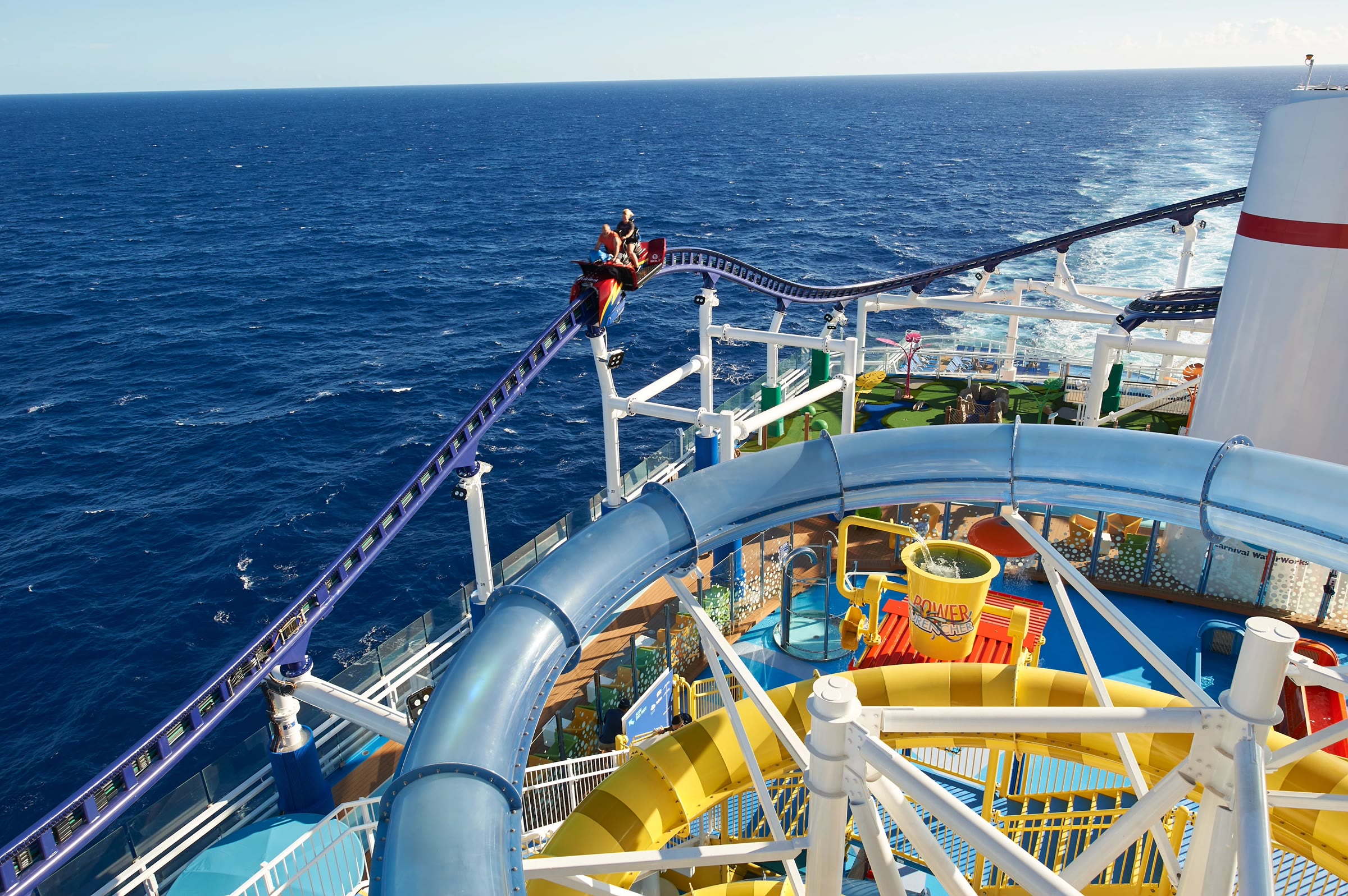 Sunny WaterWorks slides and BOLT sea coaster at sea aboard Carnival Celebration
