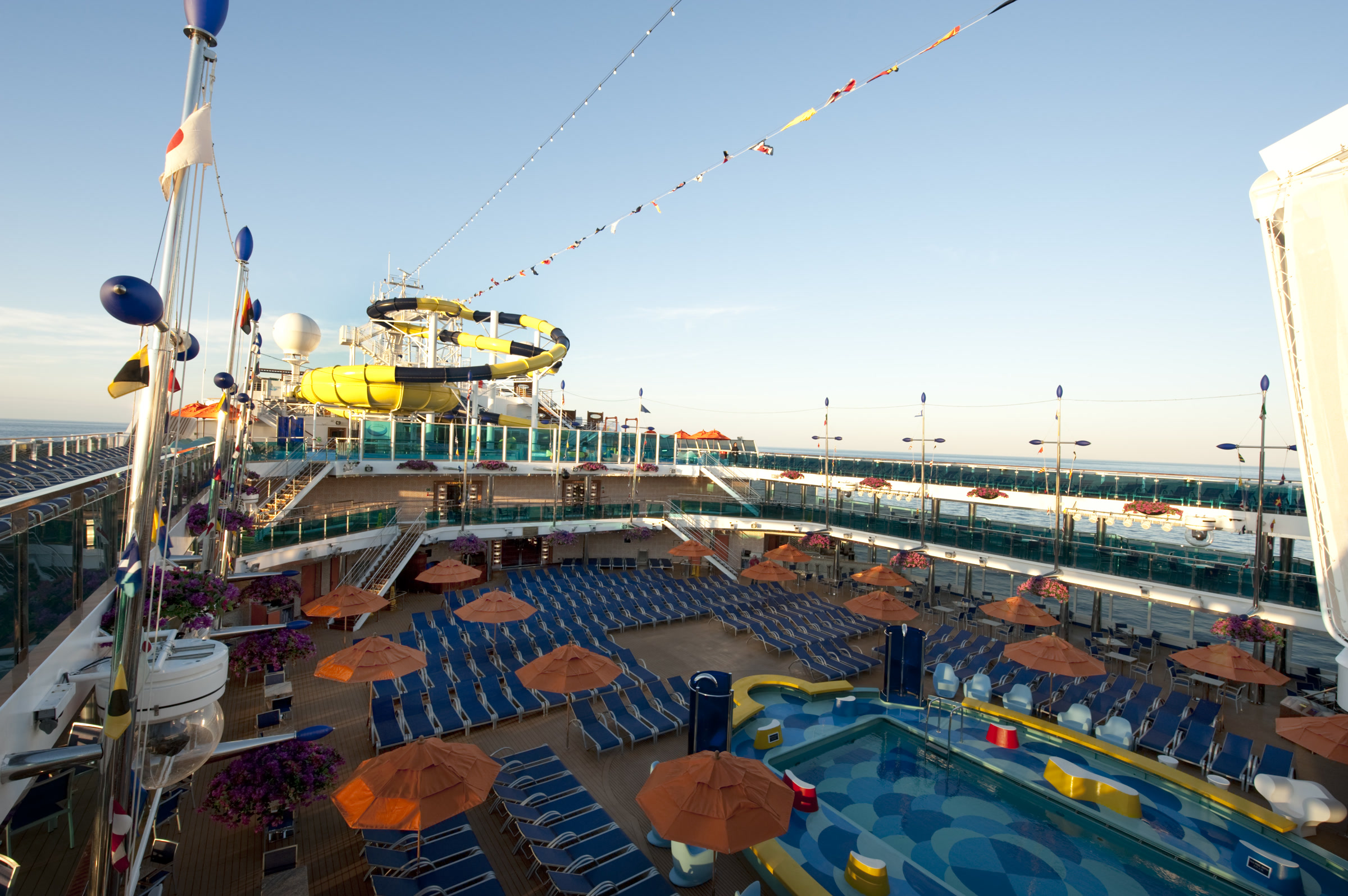 Carnival Dream Waves midship pool and WaterWorks, bright sunny daylight