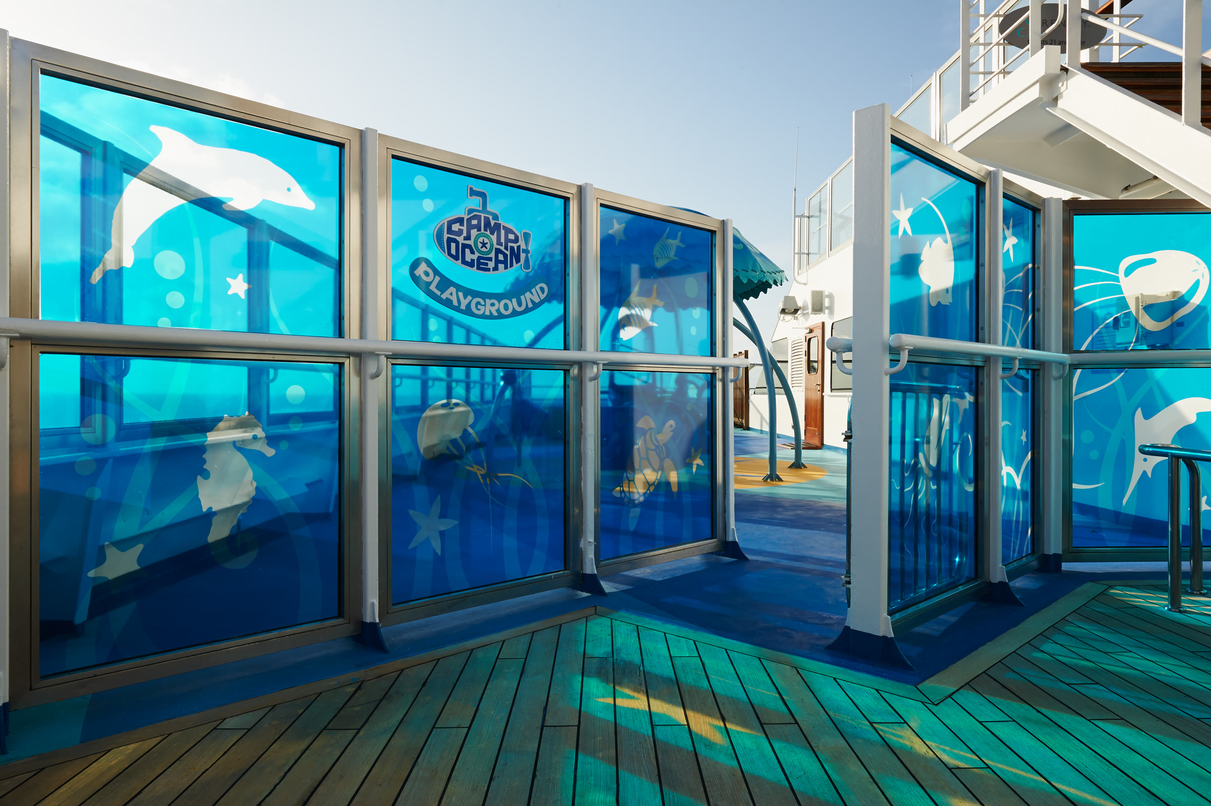 Carnival Freedom Camp Ocean playground glass walls, bright daylight