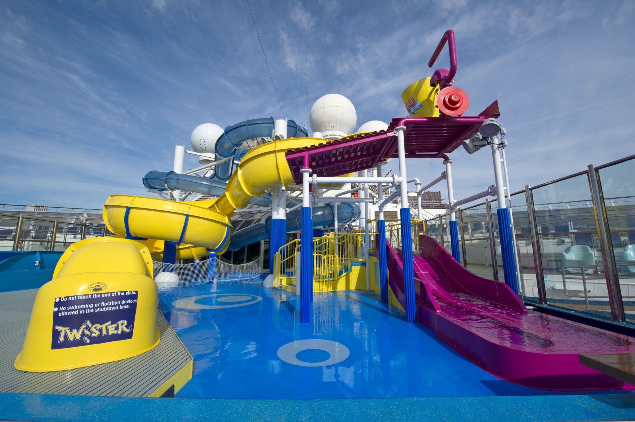 Carnival Glory WaterWorks Twister slides, sunny midday