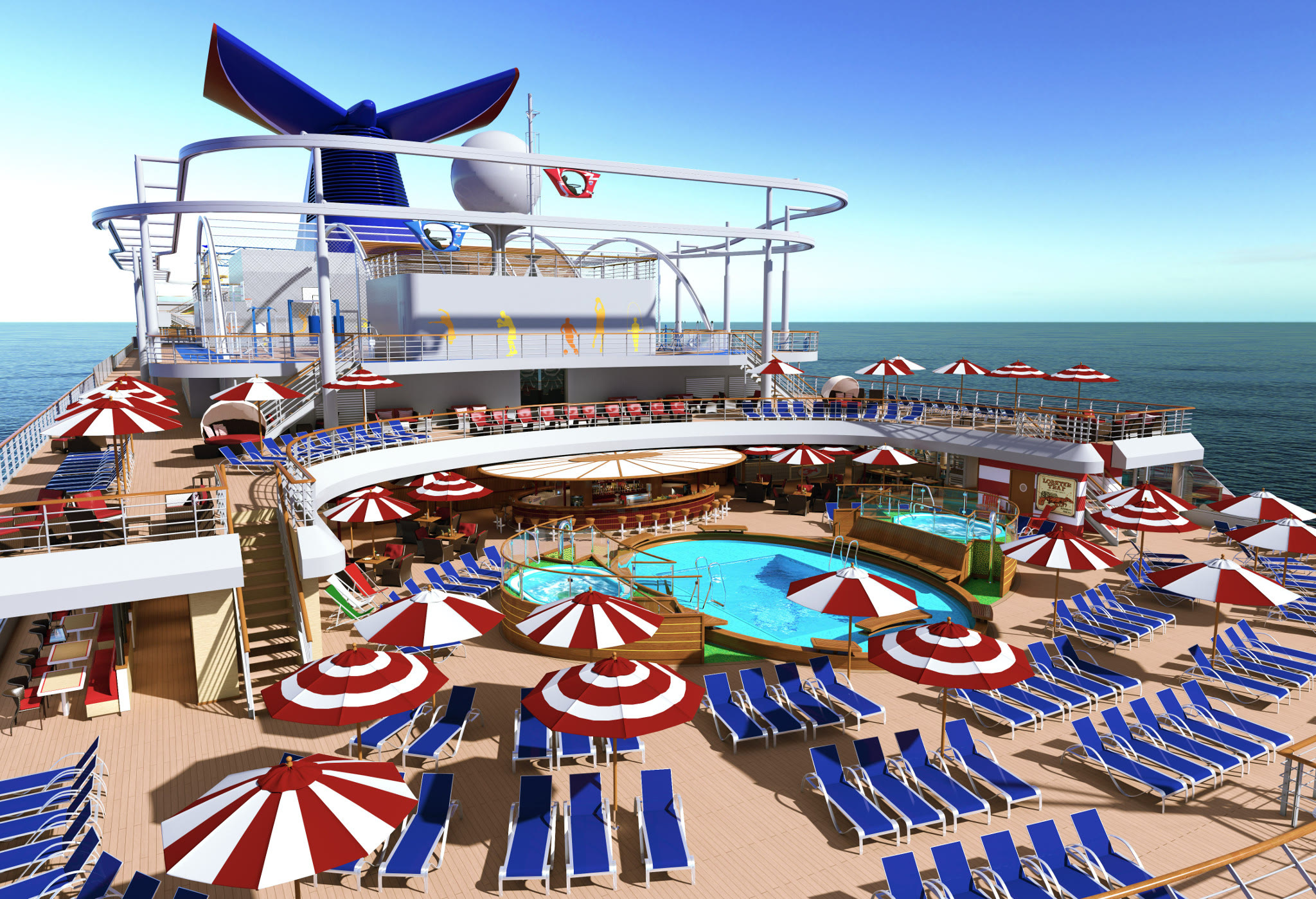 Sunny aft pool deck with SkyRide and funnel aboard Carnival Horizon