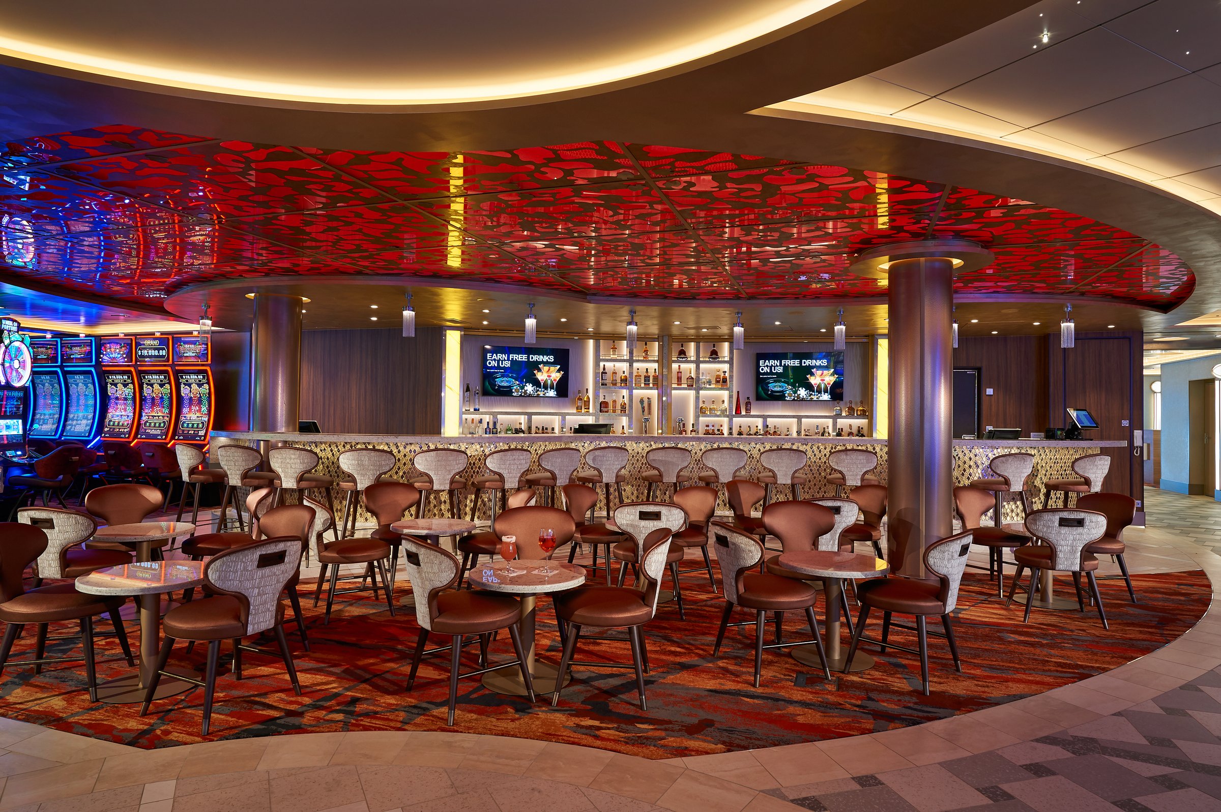Carnival Jubilee Casino Bar with a red mosaic ceiling and lounge seating