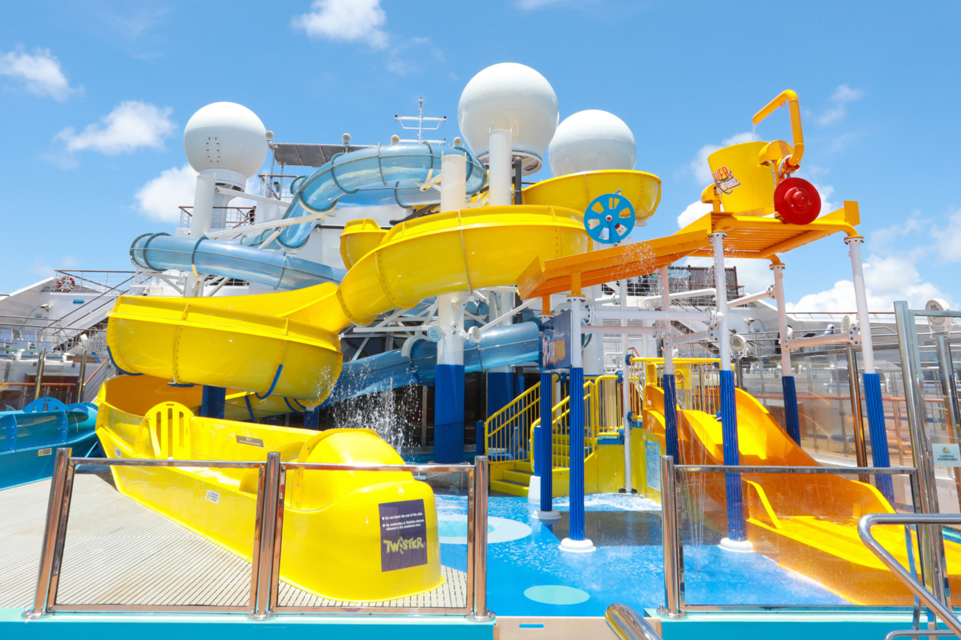 Carnival Liberty WaterWorks slides under clear blue sky