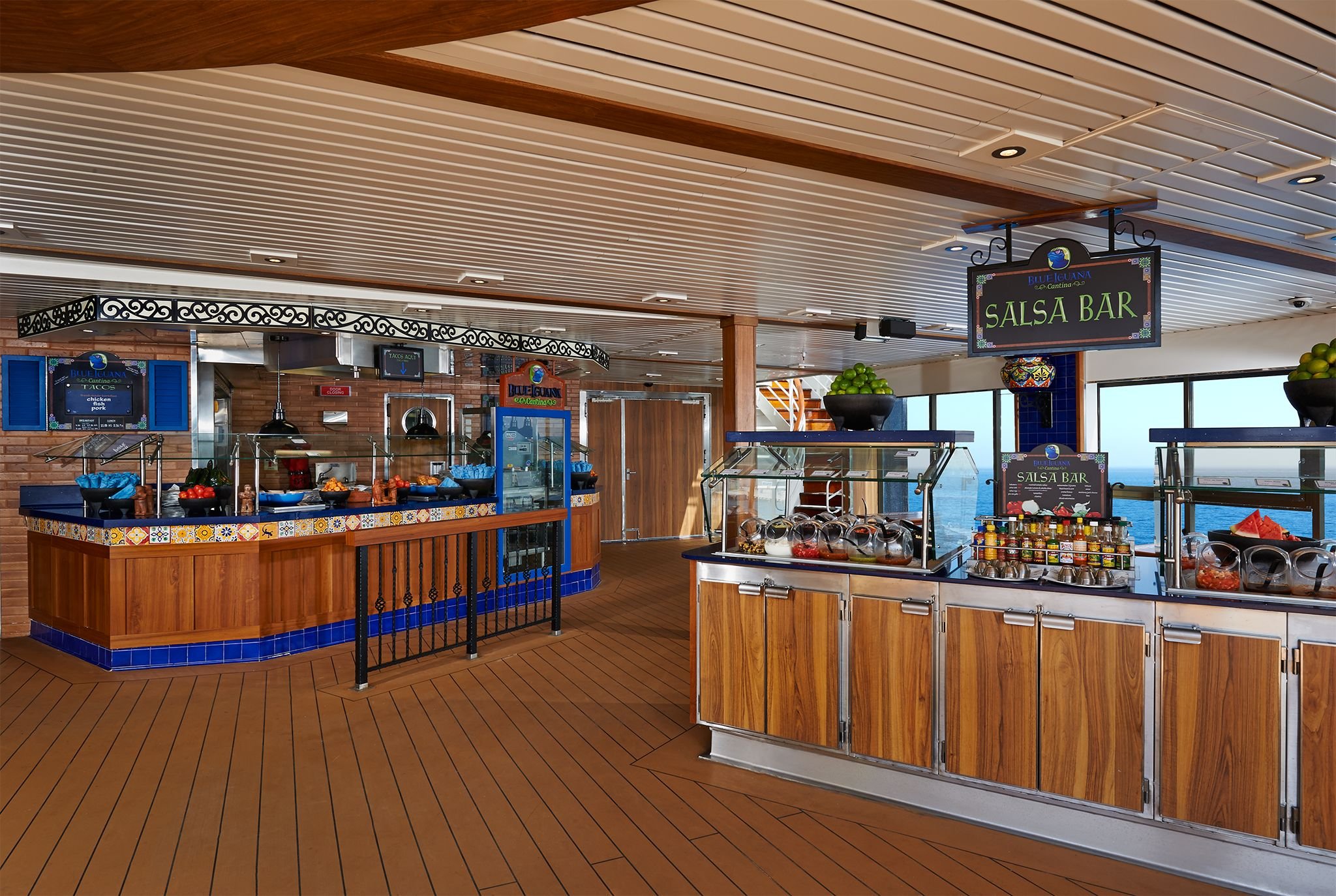 Carnival Pride Blue Iguana Cantina outdoor Mexican counter with tiled bar and teak deck