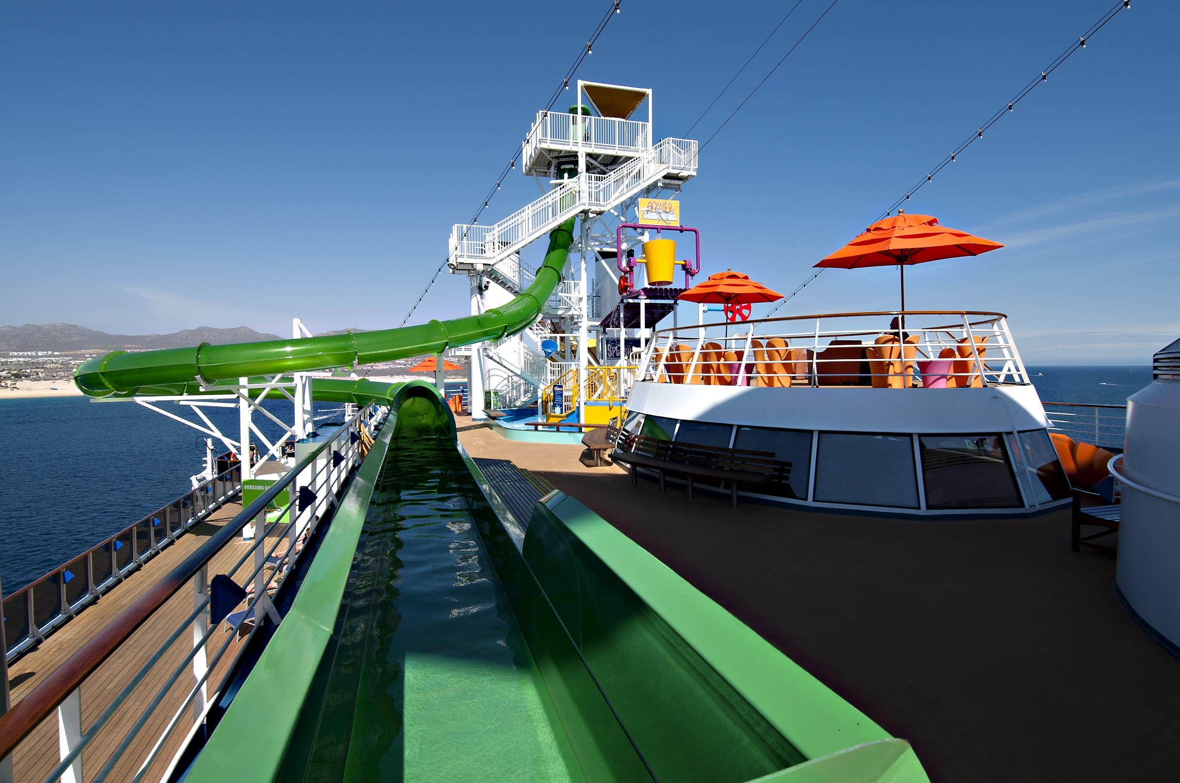 Carnival Spirit WaterWorks and SplashZone on a sunny upper deck
