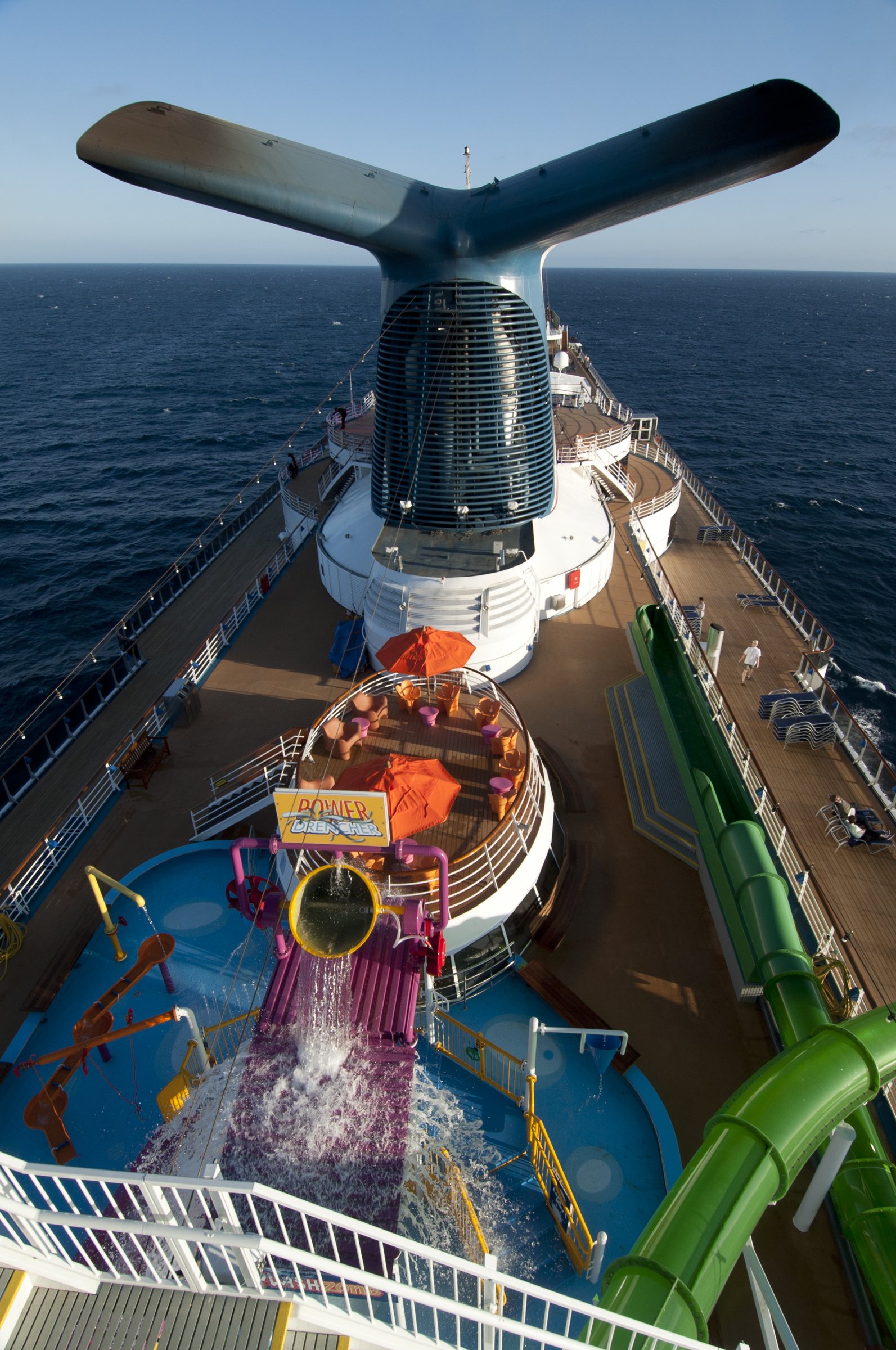 Carnival Spirit aerial view of the funnel and WaterWorks splash area from above
