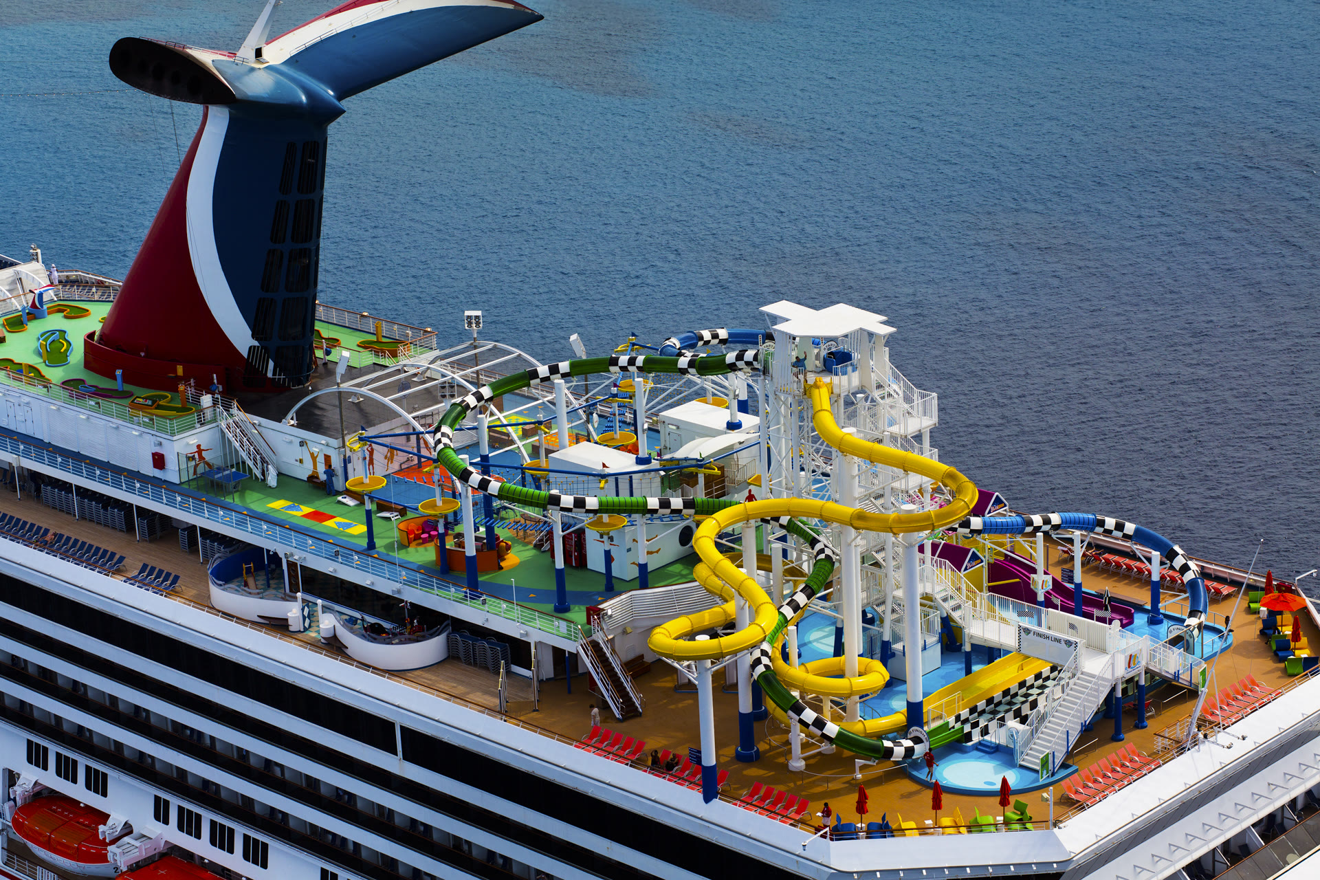 Carnival Sunshine WaterWorks waterpark on a bright sunny top deck