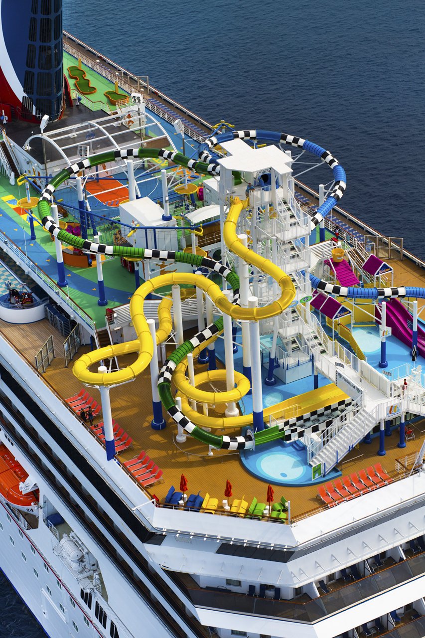 Carnival Sunshine aerial view of the WaterWorks slides and mini golf from above the bow