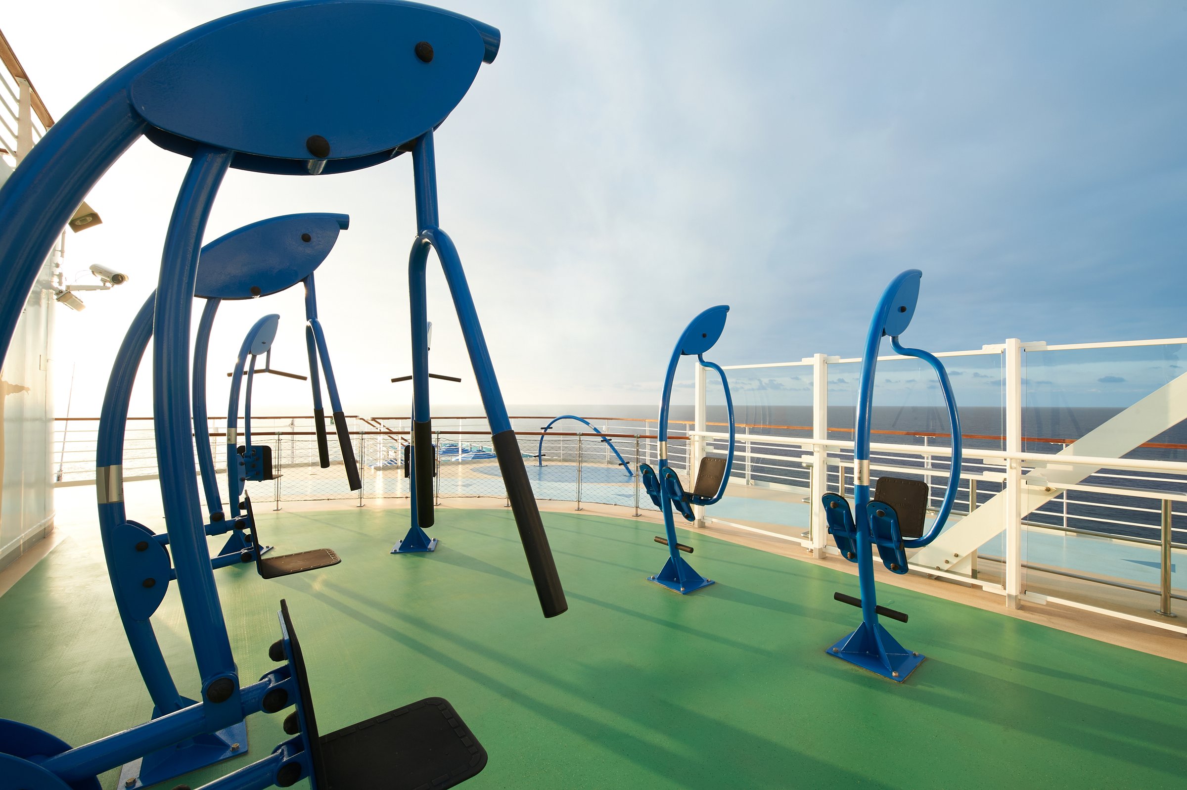 Carnival Venezia sports deck outdoor fitness stations on a green deck beside the sea rail