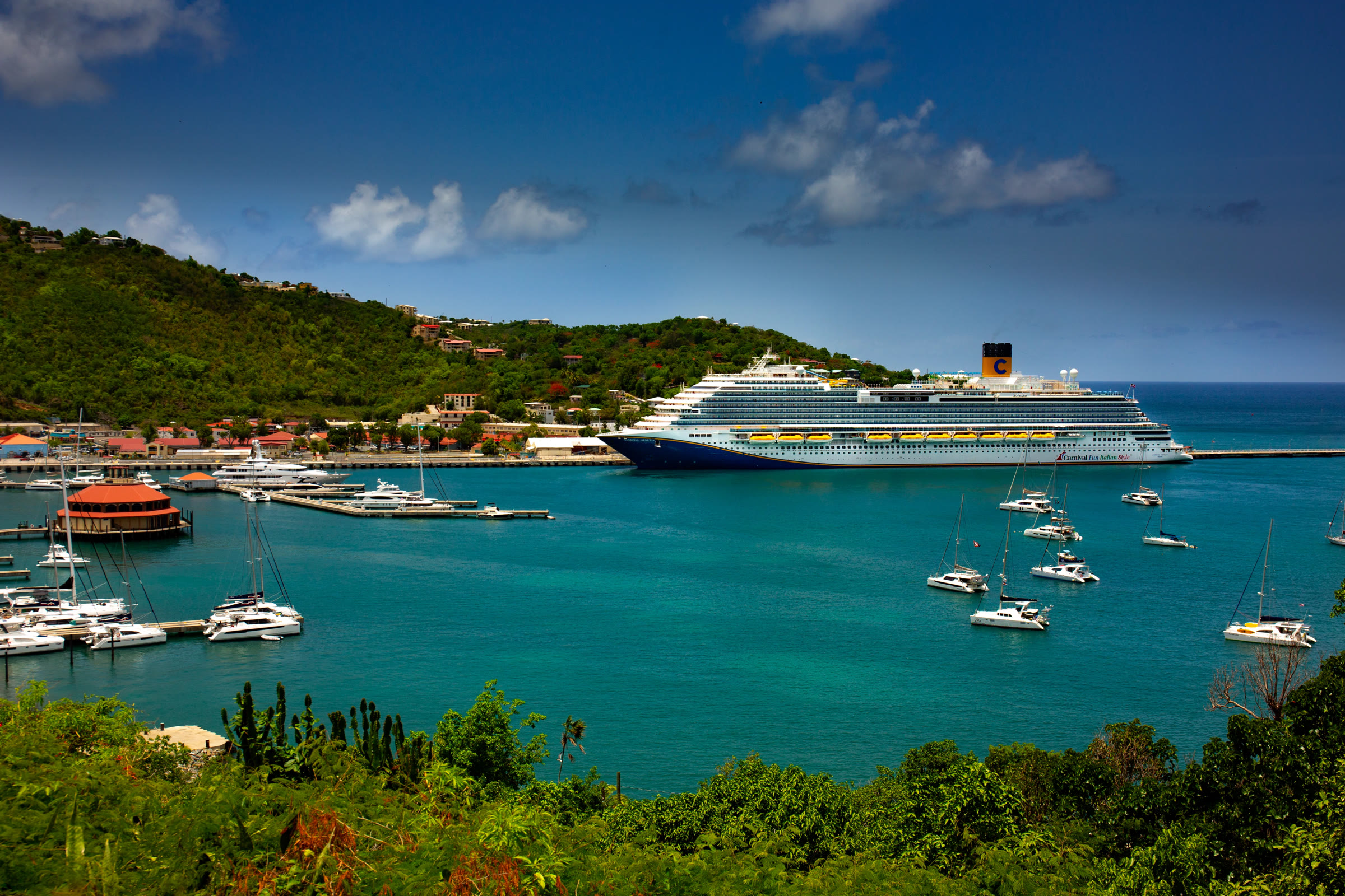 Carnival Venezia sunny harbor exterior with tropical hillside