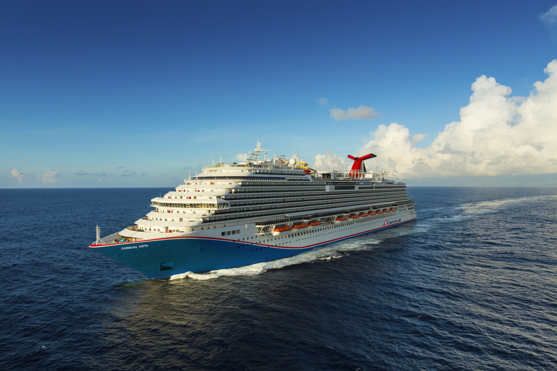 Carnival Vista sunny aerial open-ocean bow exterior