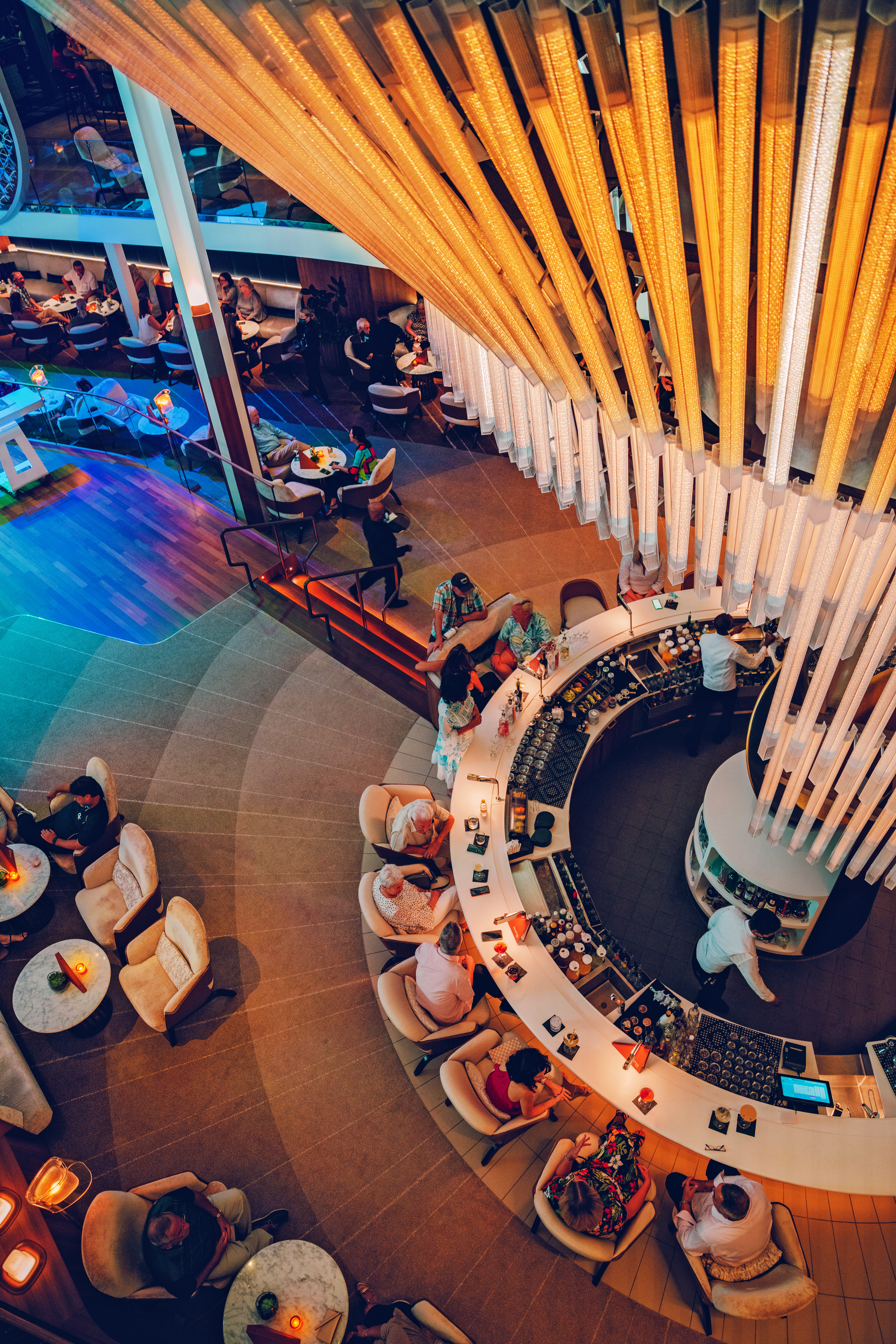Celebrity Apex Martini Bar with glowing tube chandelier