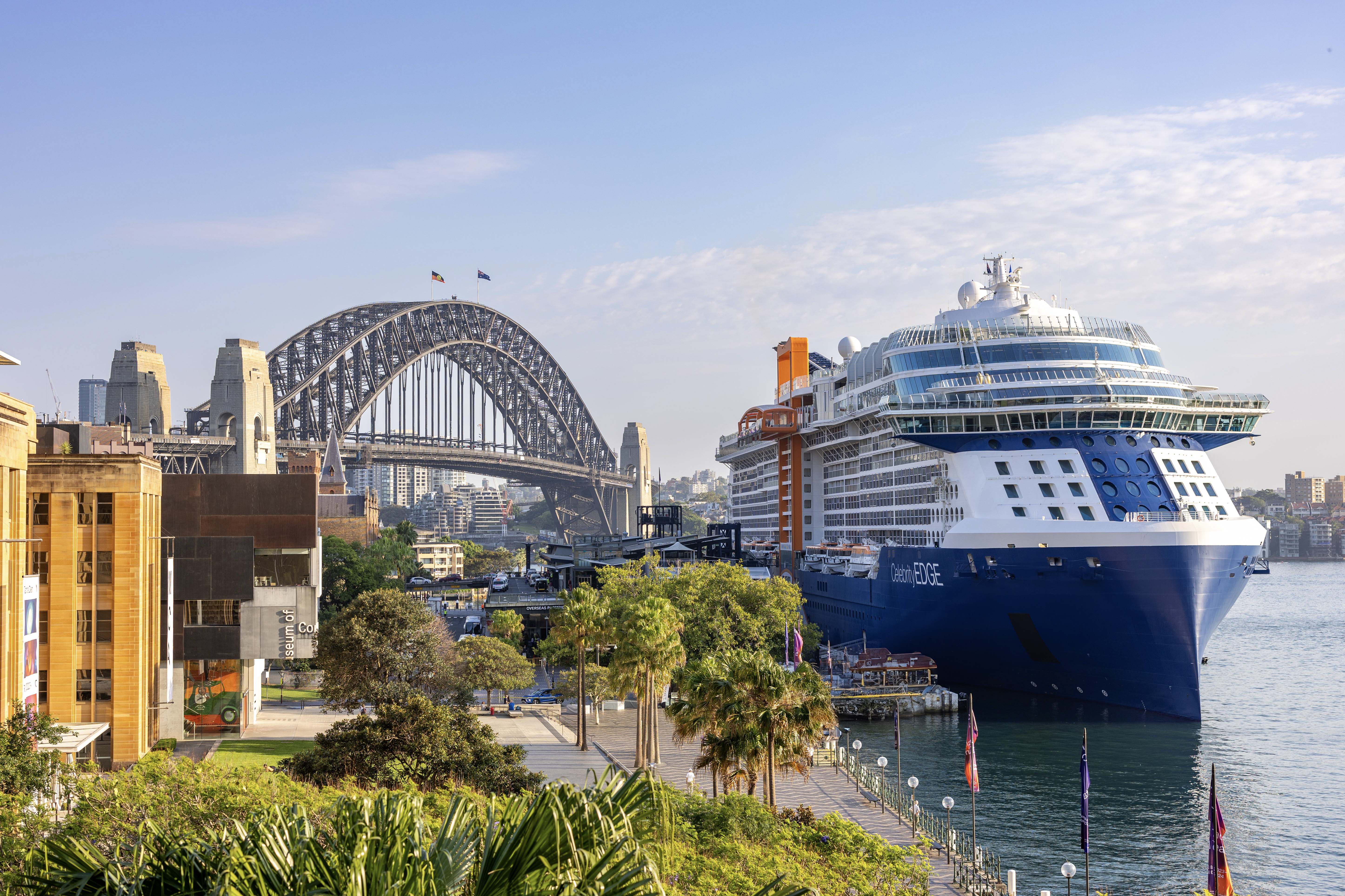 Celebrity Edge sunny exterior at Circular Quay with Sydney Harbour Bridge