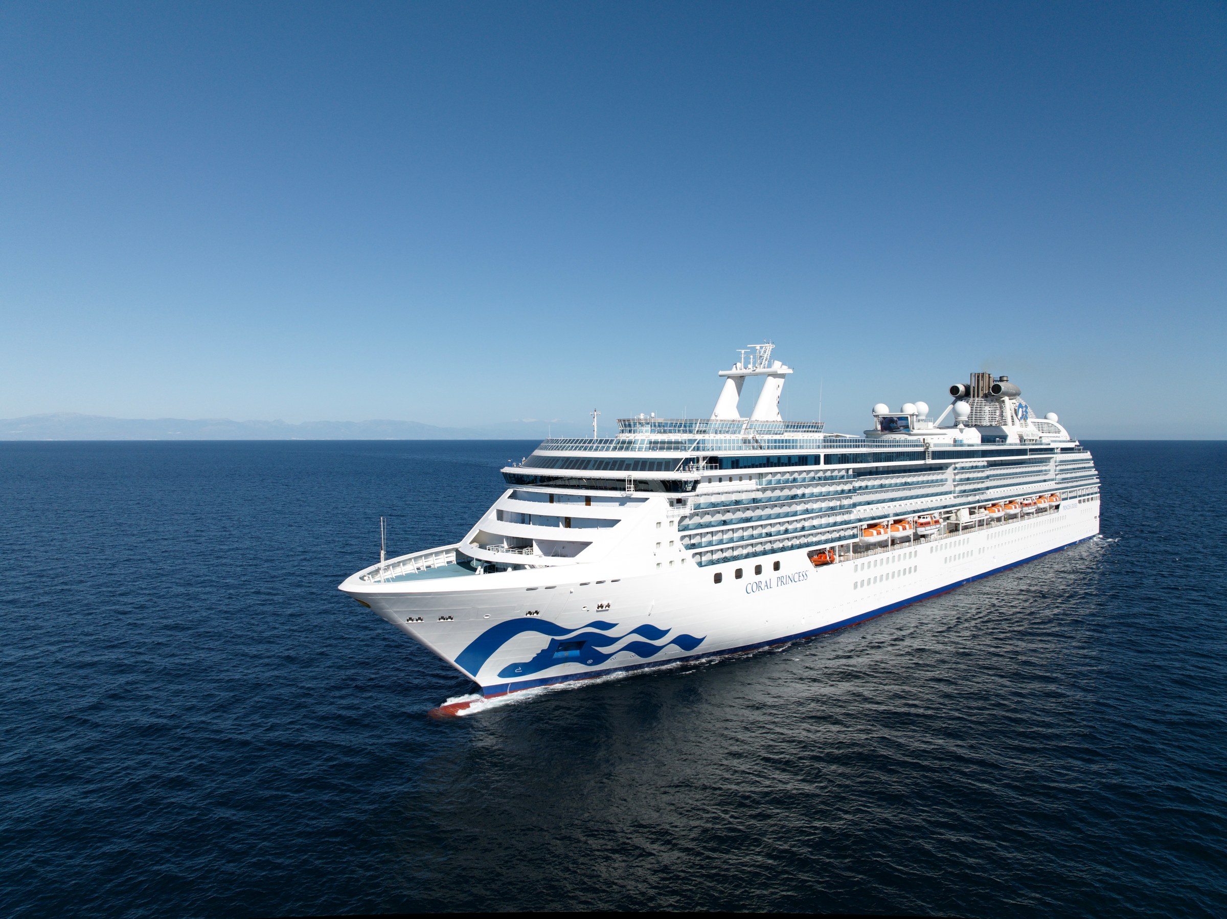 Coral Princess port bow aerial on open sea