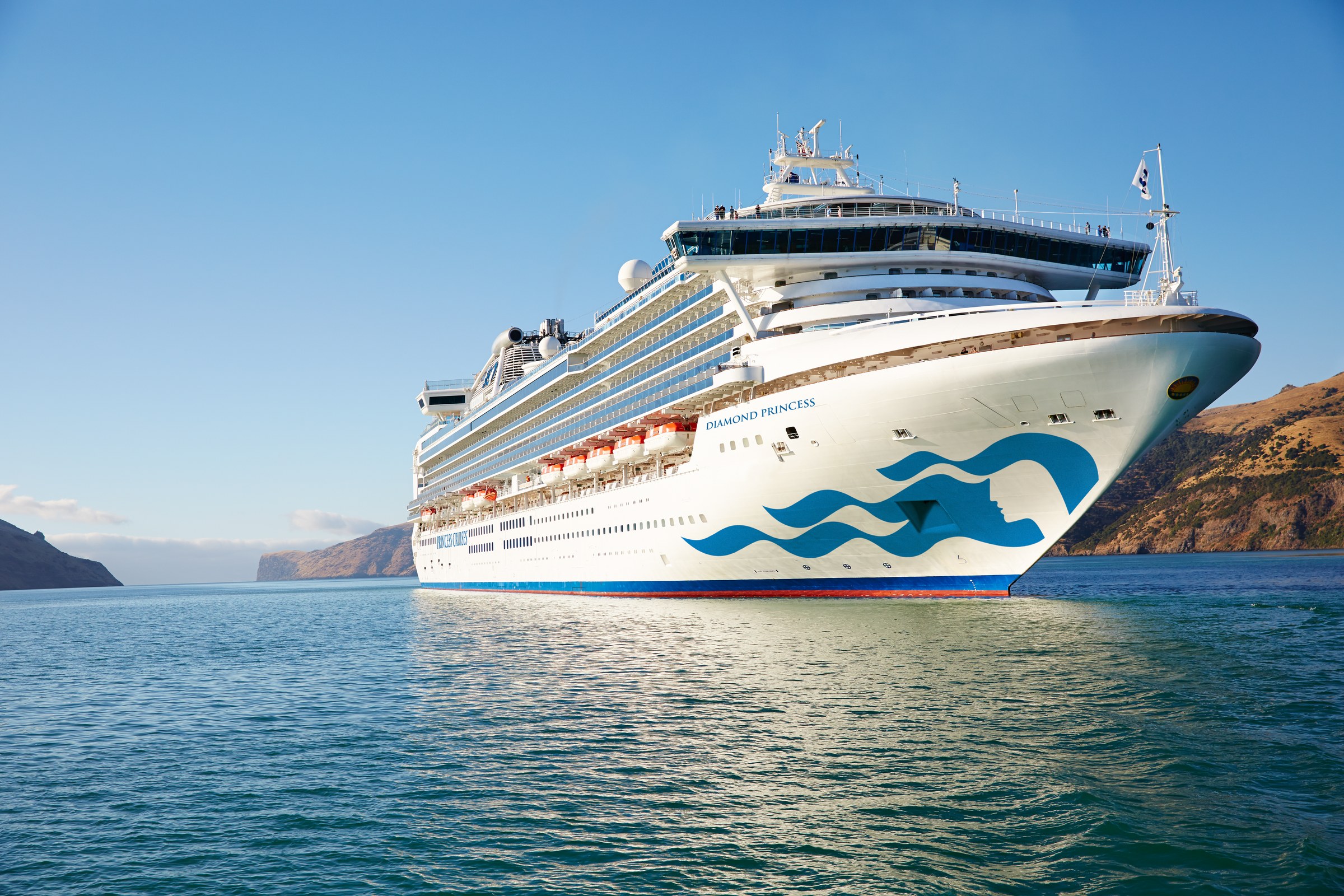 Diamond Princess sailing past green coastal cliffs under a clear blue sky