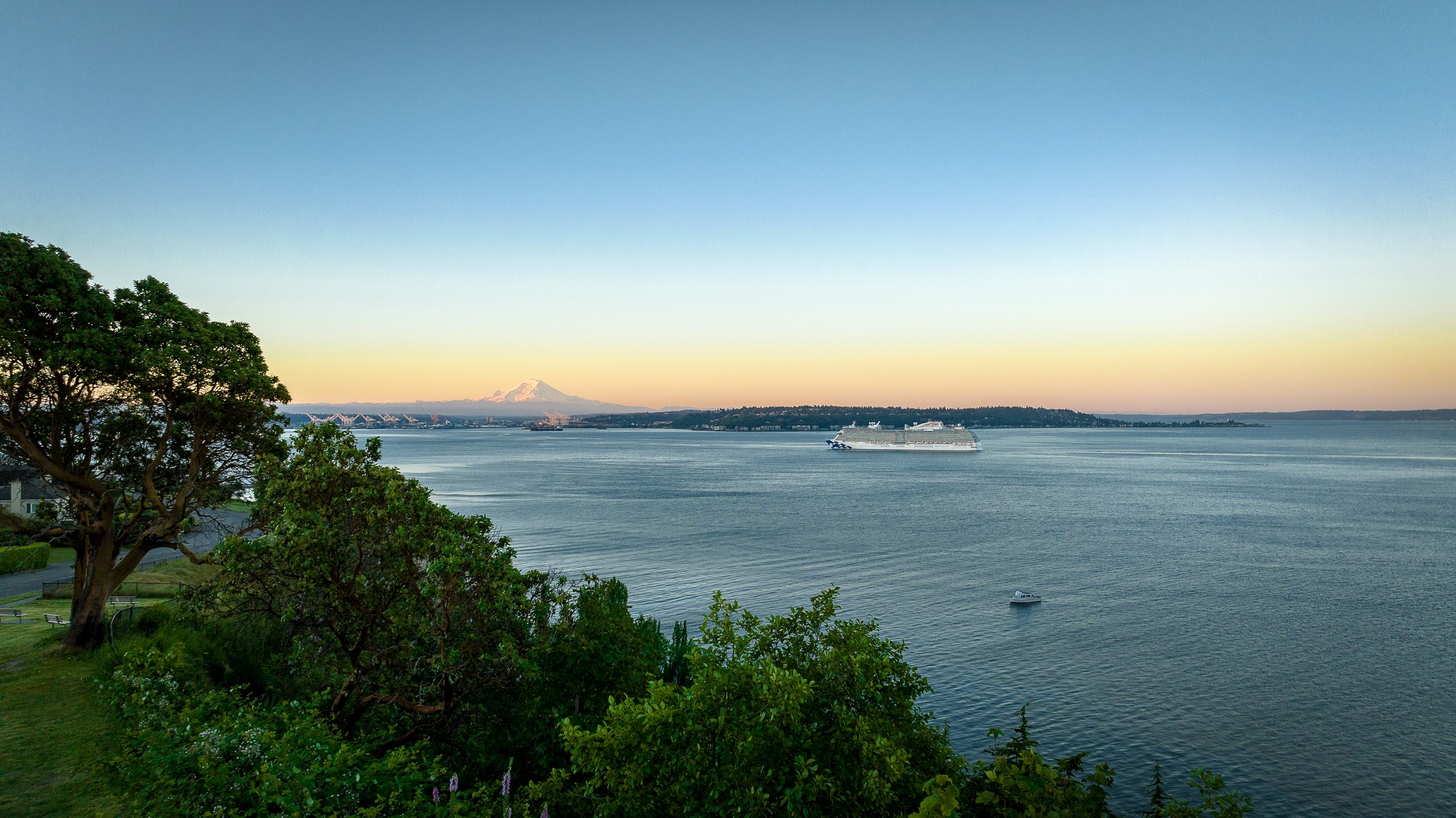 Discovery Princess sailing Elliott Bay near Seattle at golden hour