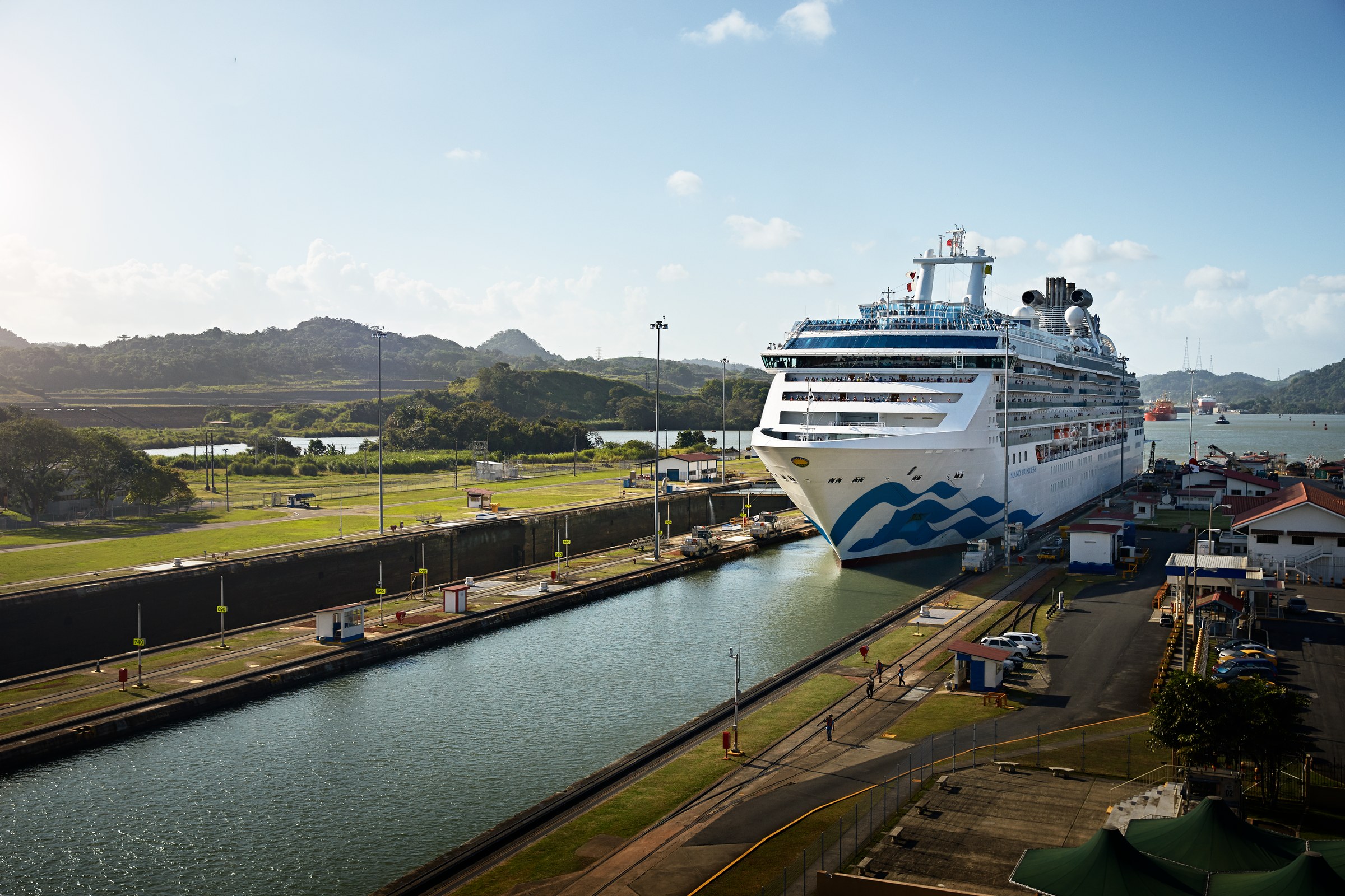 Island Princess inside a Panama Canal lock on a sunny day