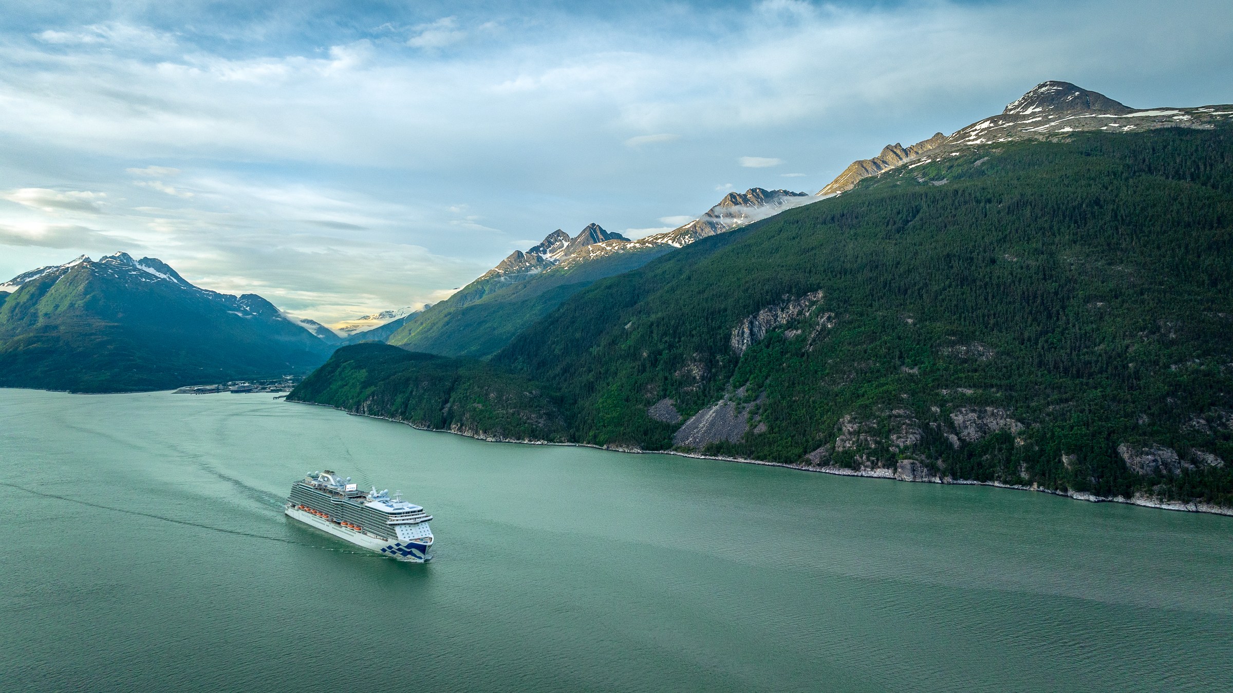 Aerial of Majestic Princess in a green Alaskan fjord
