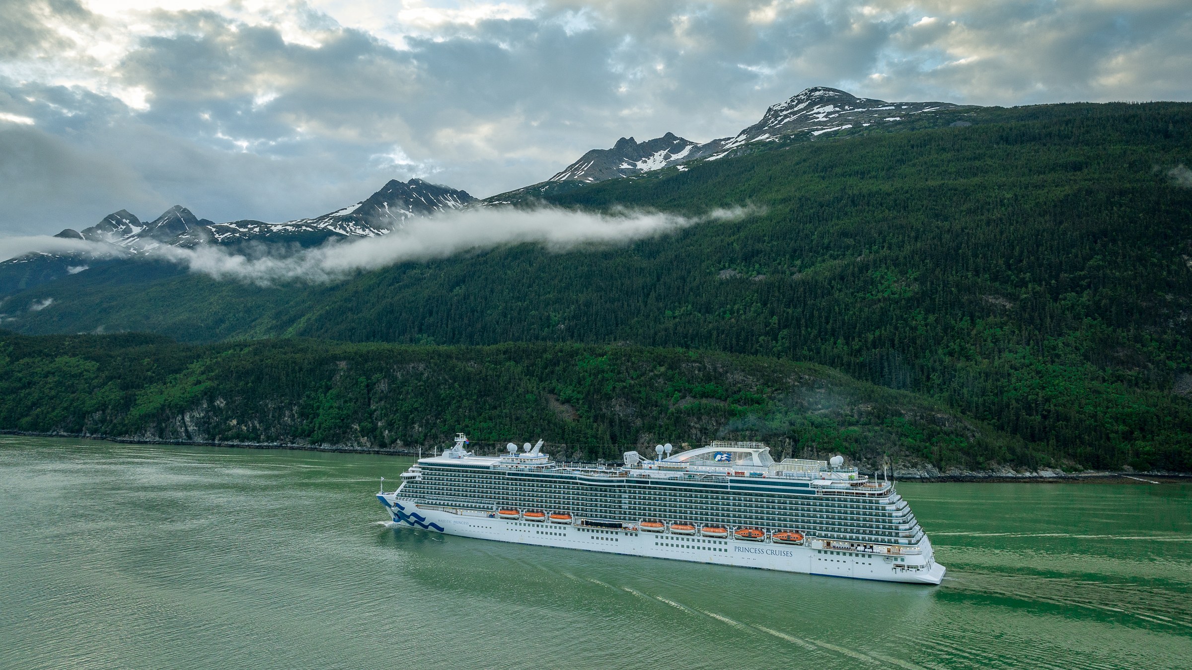 Aerial of Majestic Princess cruising Alaska waters