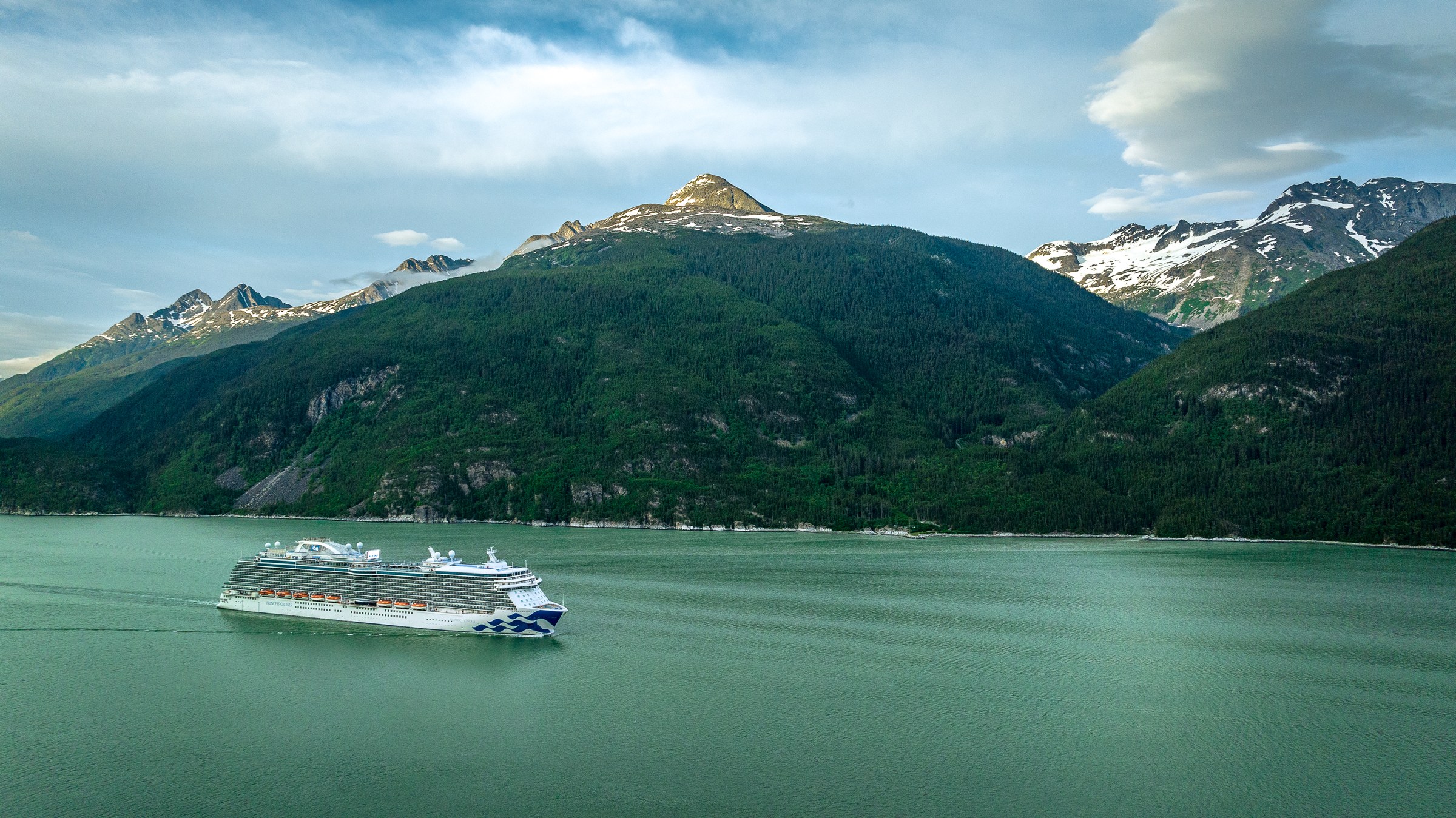Aerial of Majestic Princess sailing Alaska