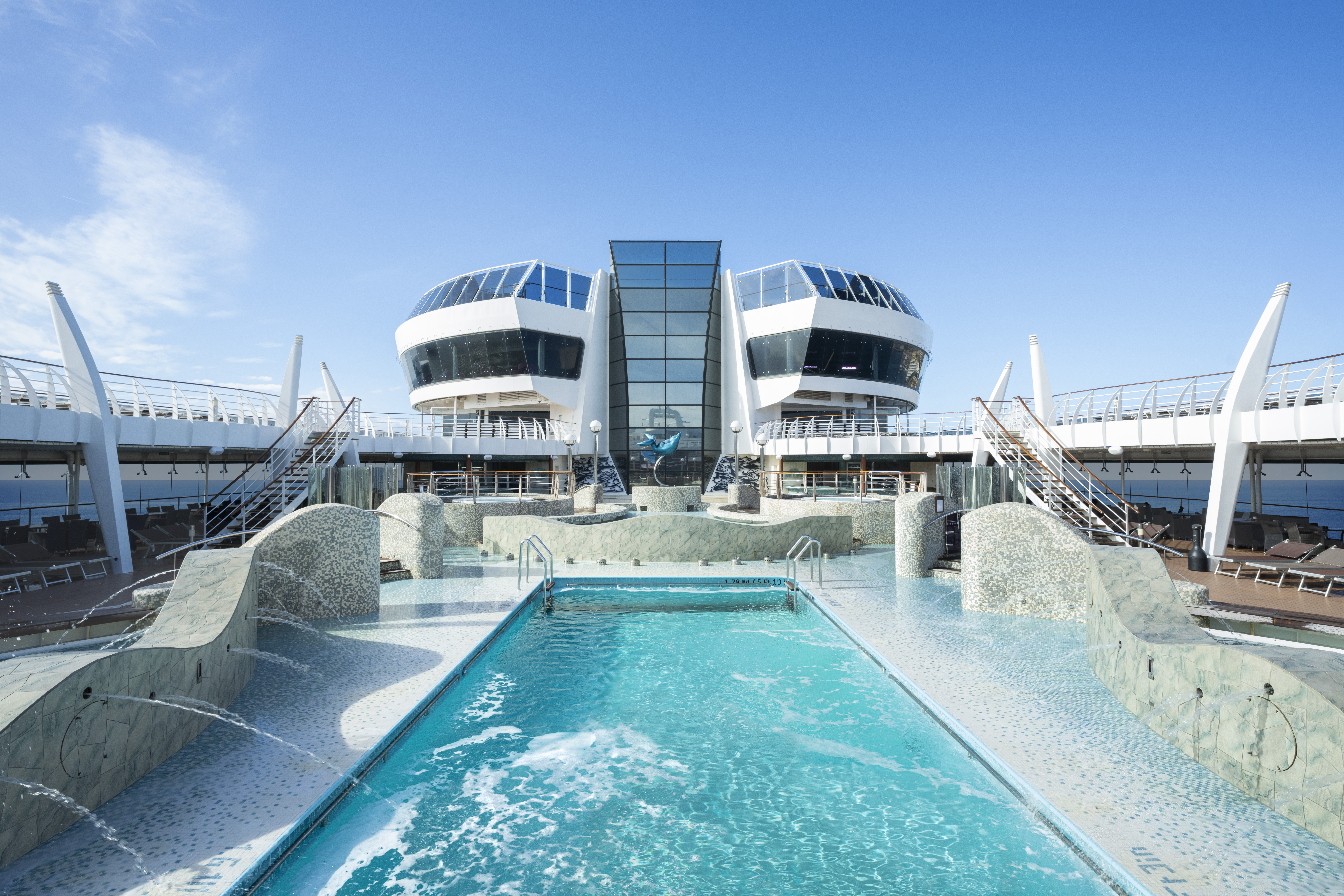 MSC Fantasia outdoor main pool deck overlooking the sea