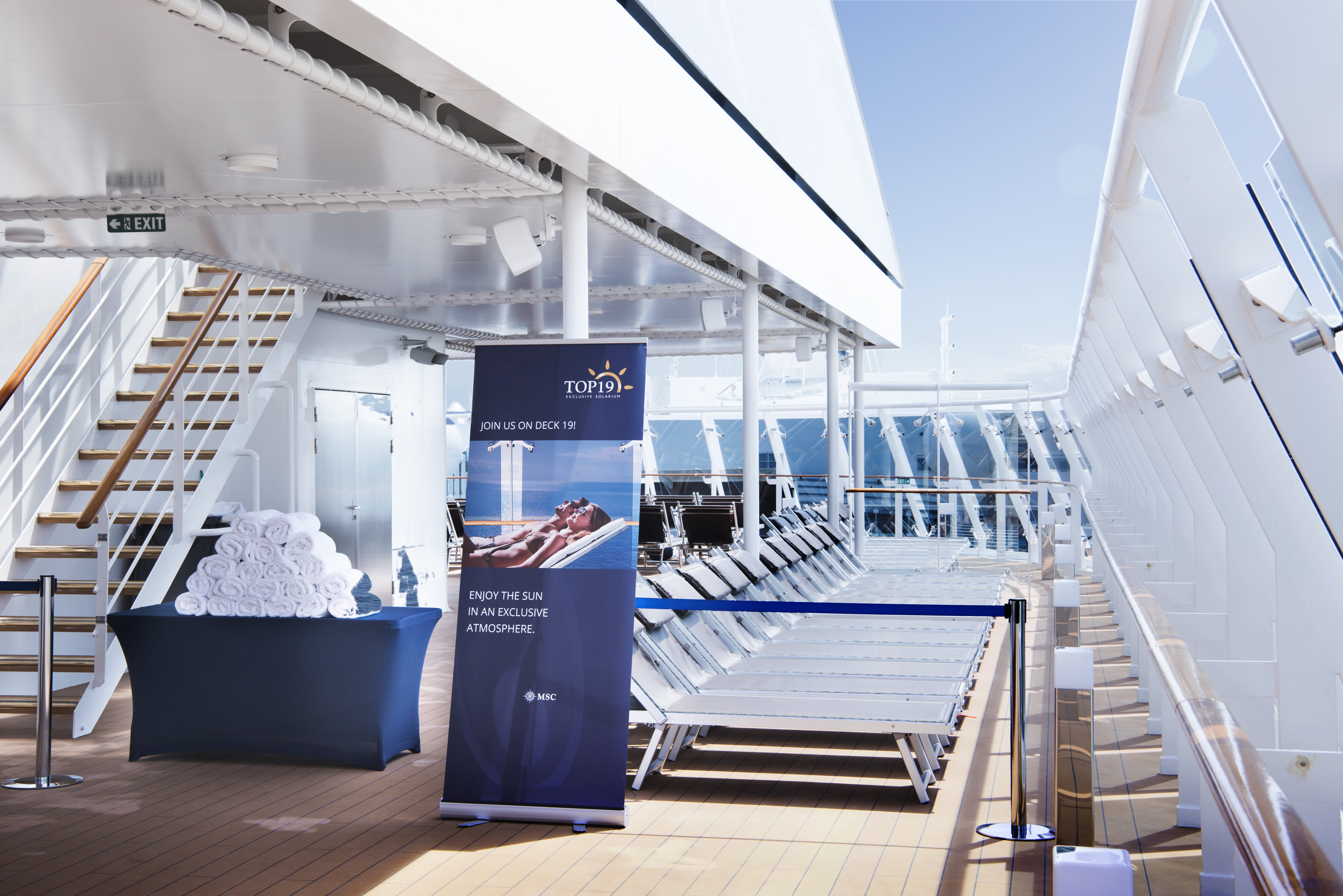 MSC Meraviglia Top 19 Exclusive Solarium towel station and loungers