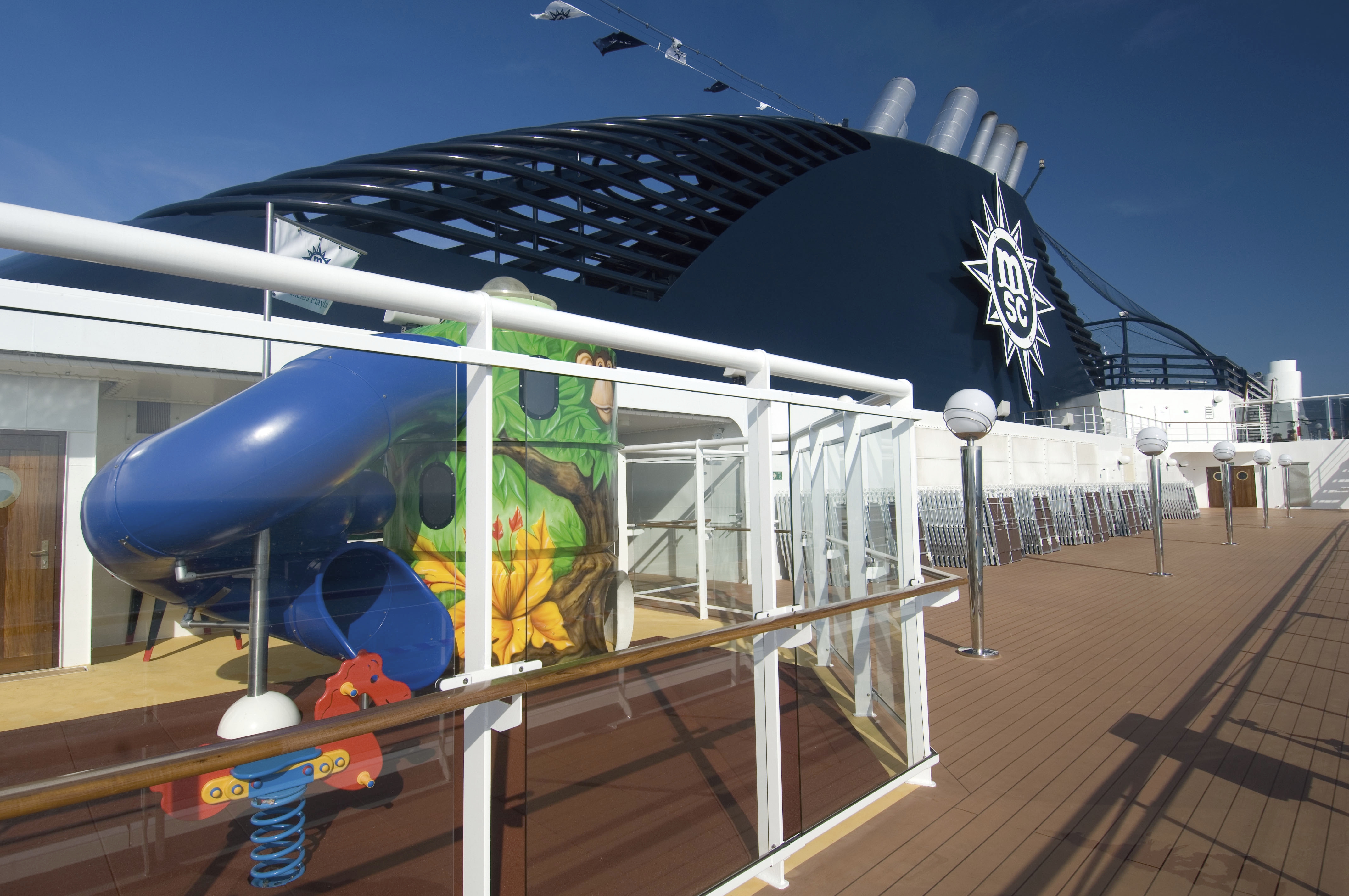 MSC Orchestra children’s waterslide and play deck under bright sun