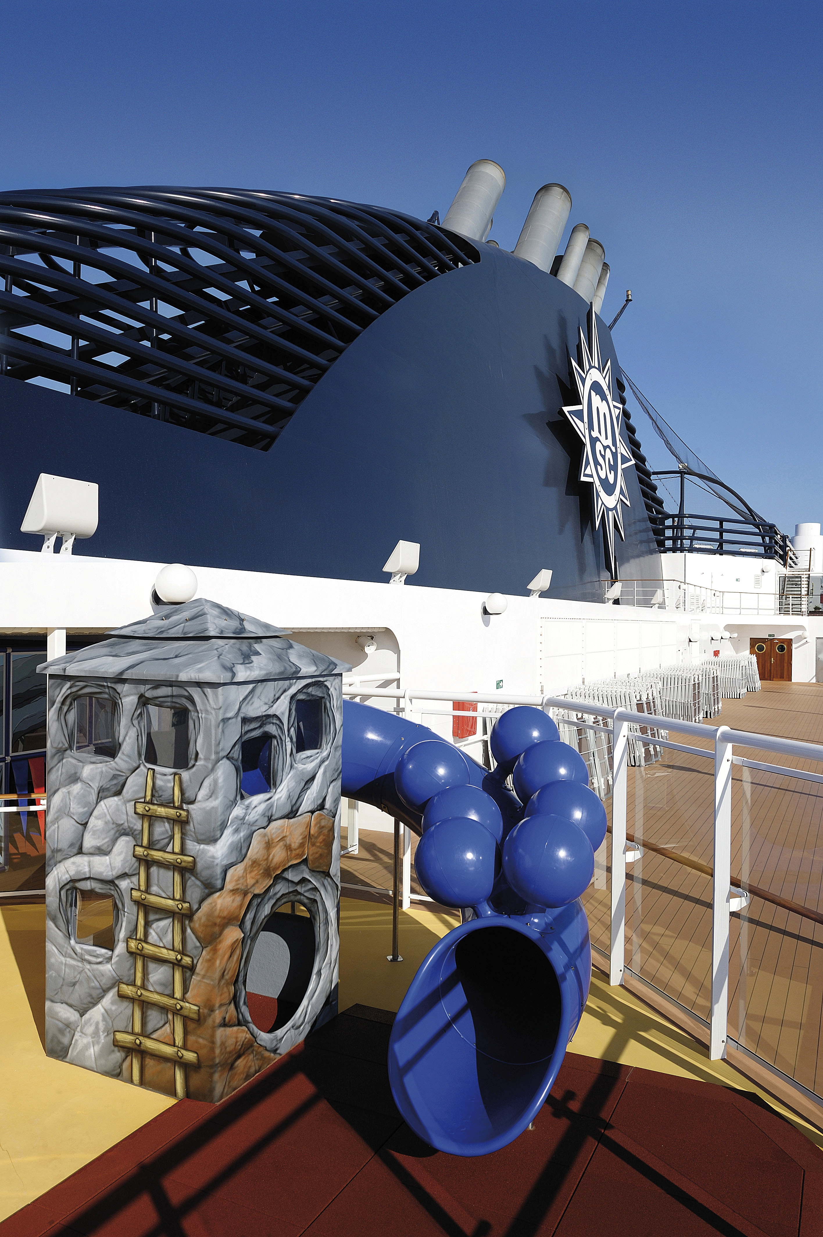 MSC Poesia children’s play deck with slide under bright sun