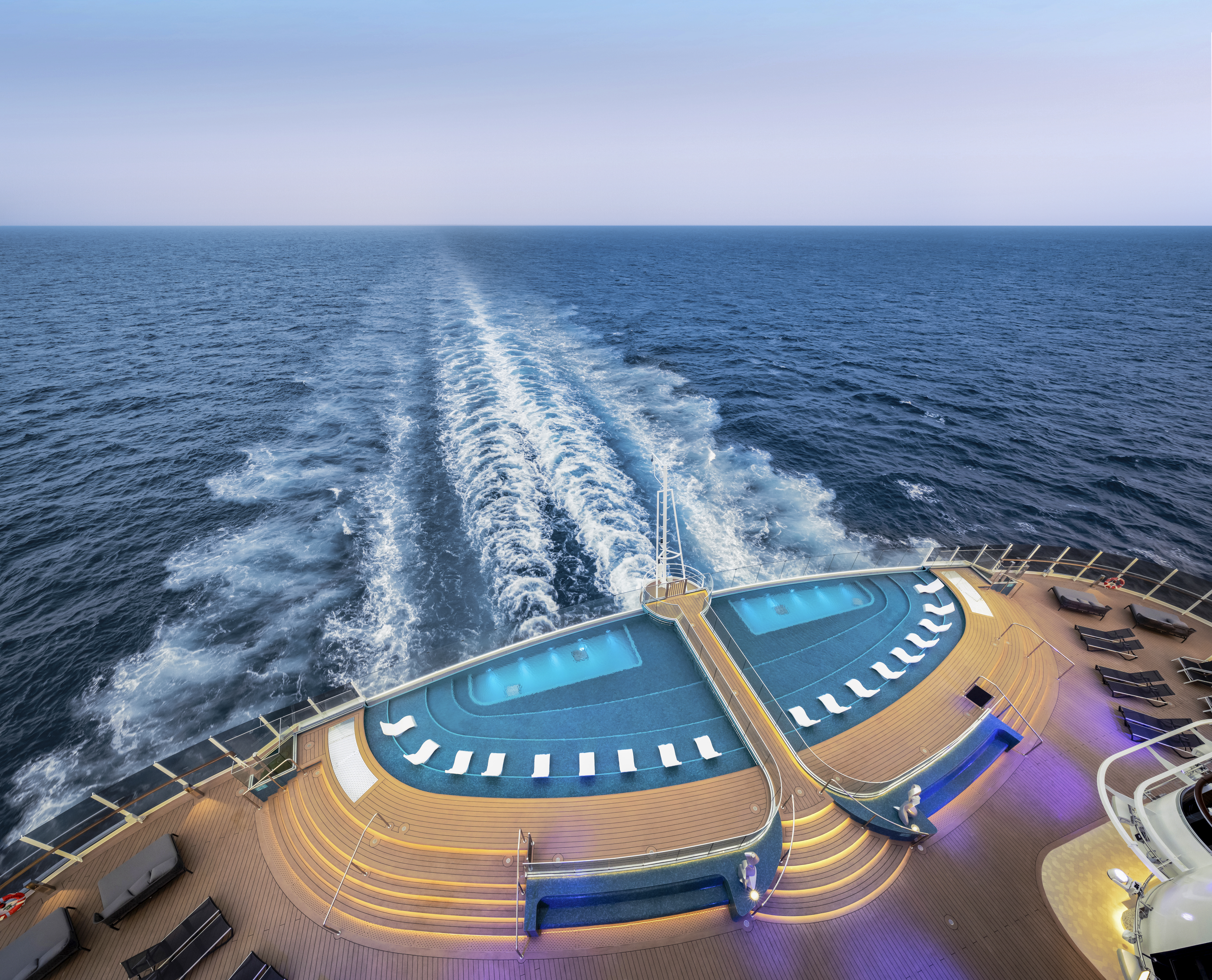MSC Seascape twin aft infinity pools with submerged loungers