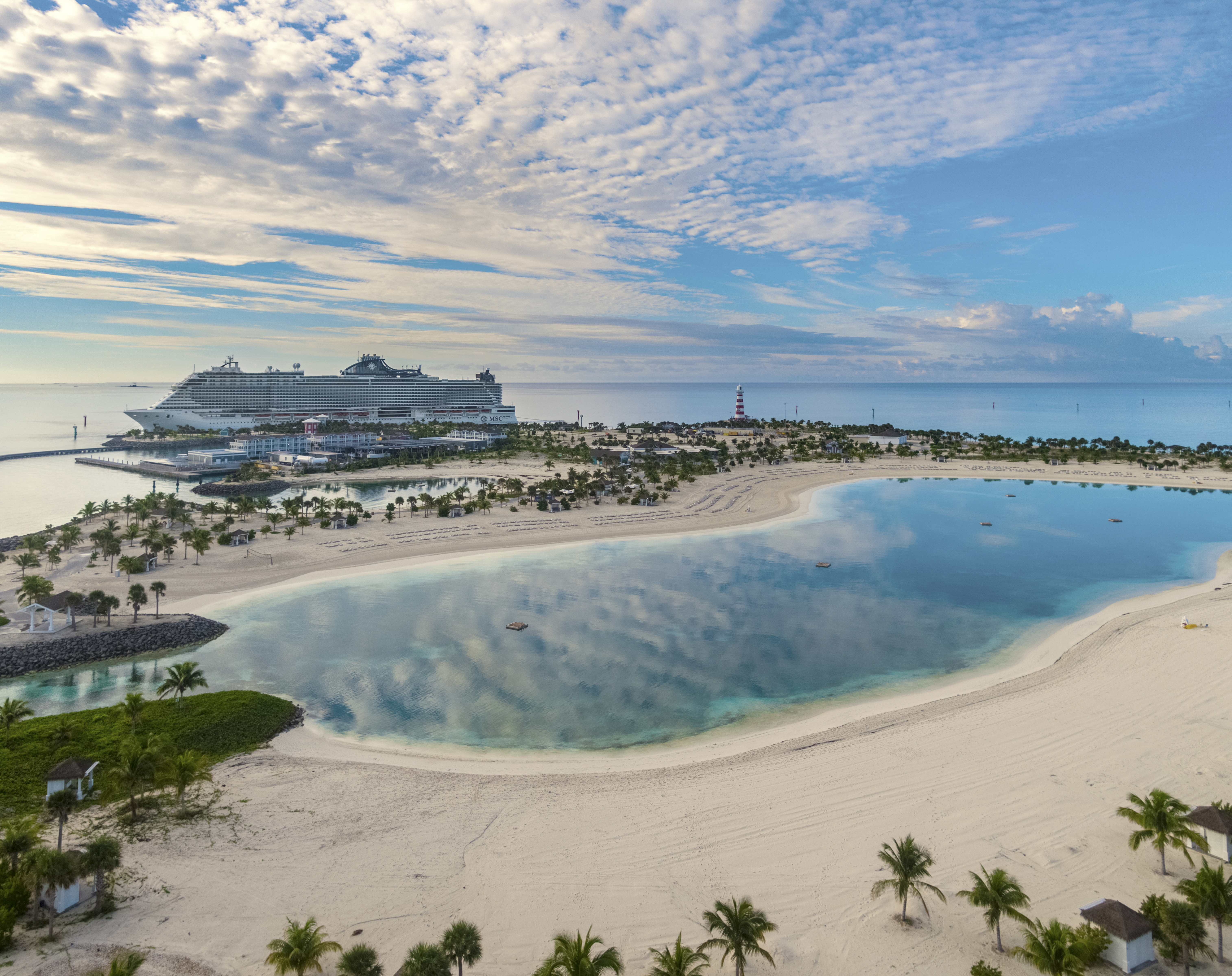 MSC Seashore aerial docked at Ocean Cay with lagoon and lighthouse