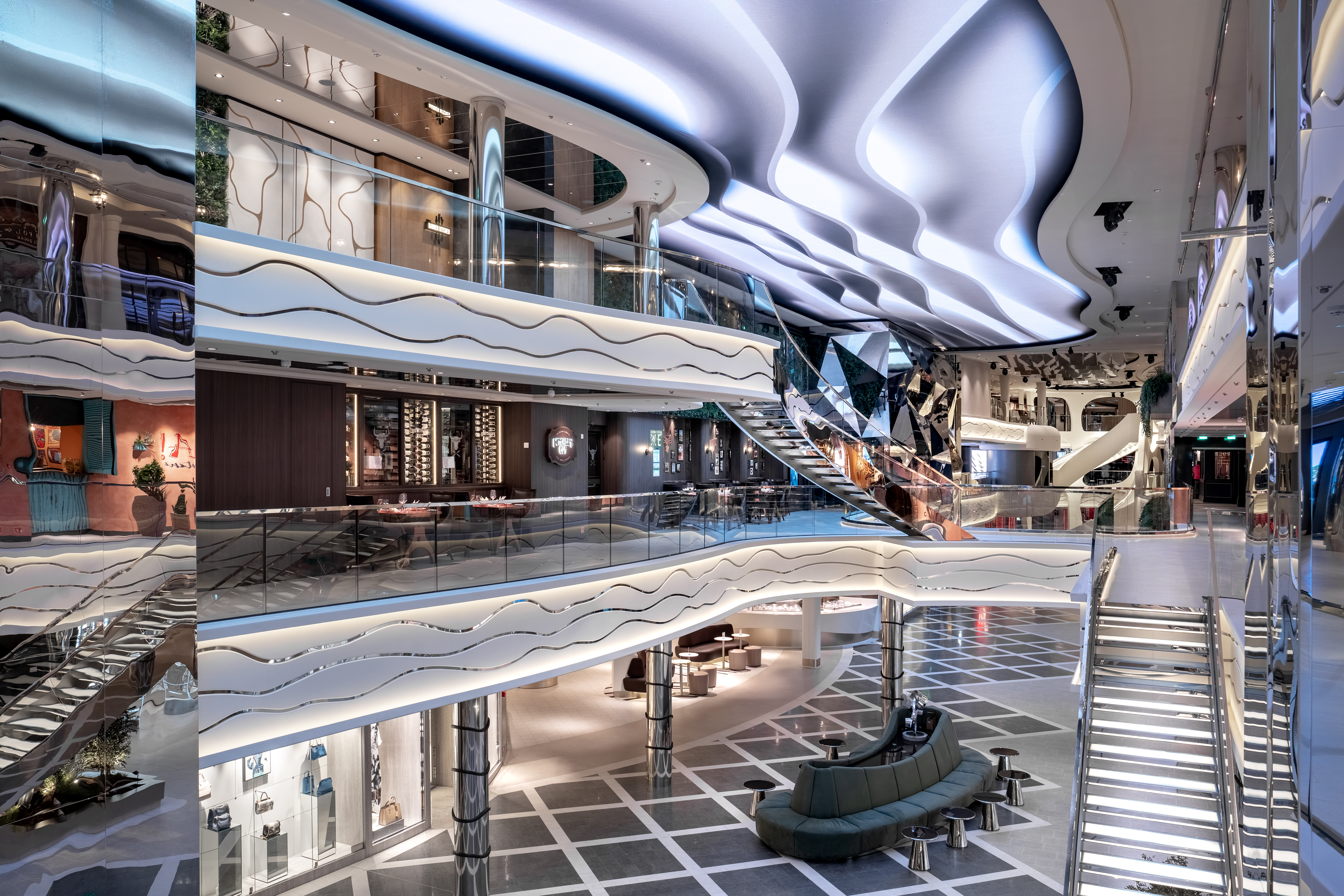 MSC World Asia World Galleria multi-deck promenade with LED ceiling