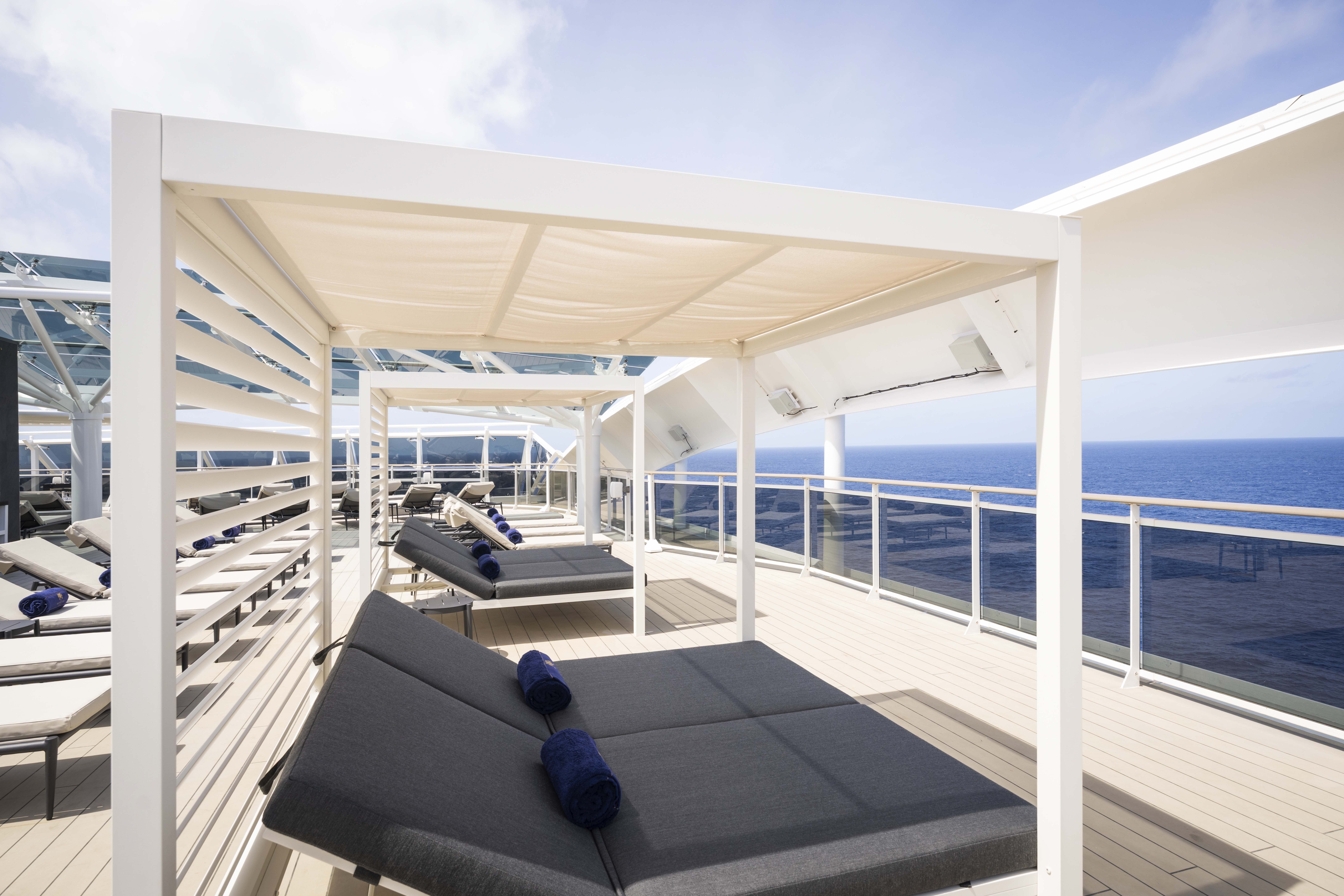 MSC World Atlantic Yacht Club sundeck cabanas overlooking the sea