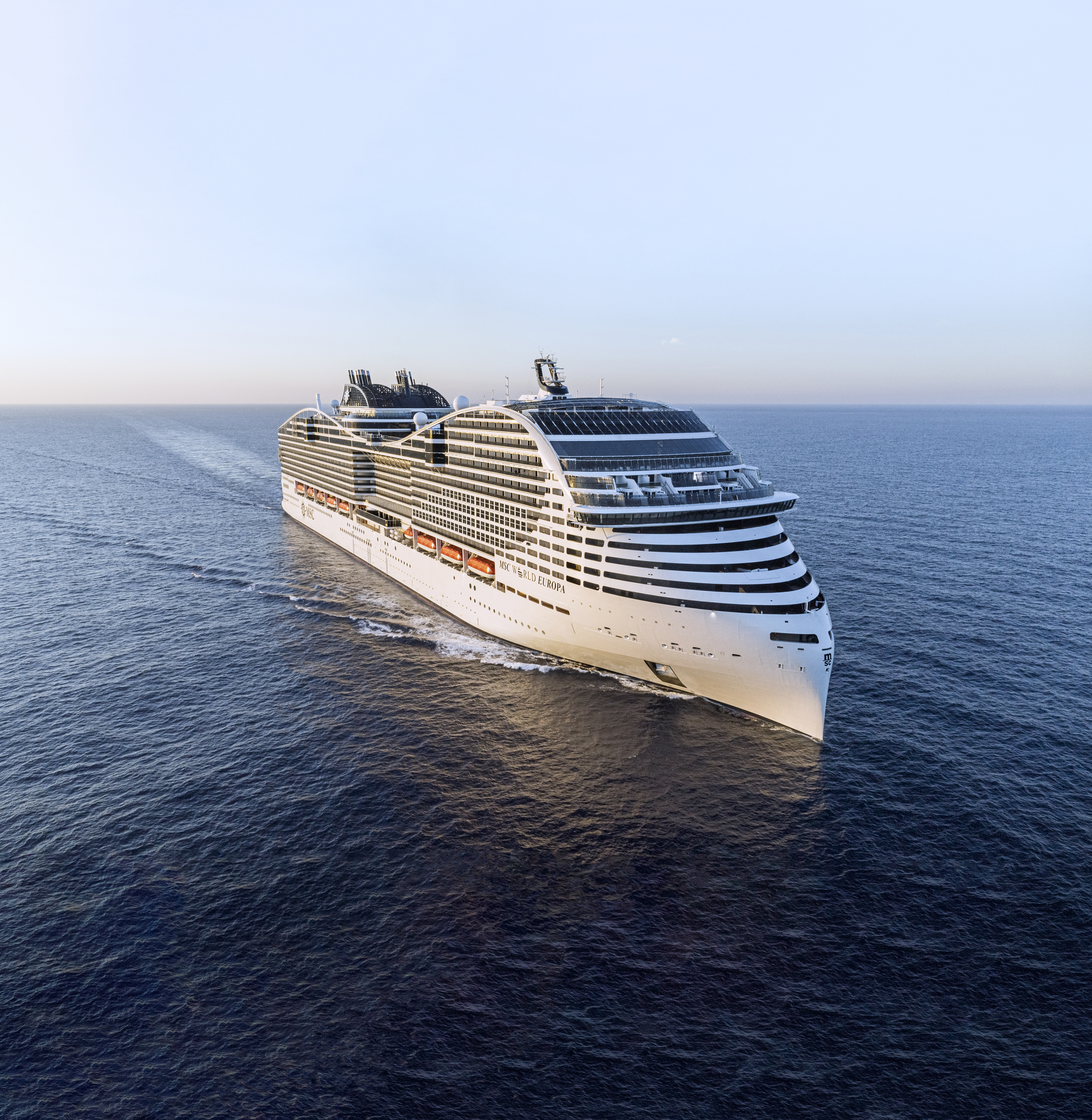 MSC World Europa aerial underway under a clear sky