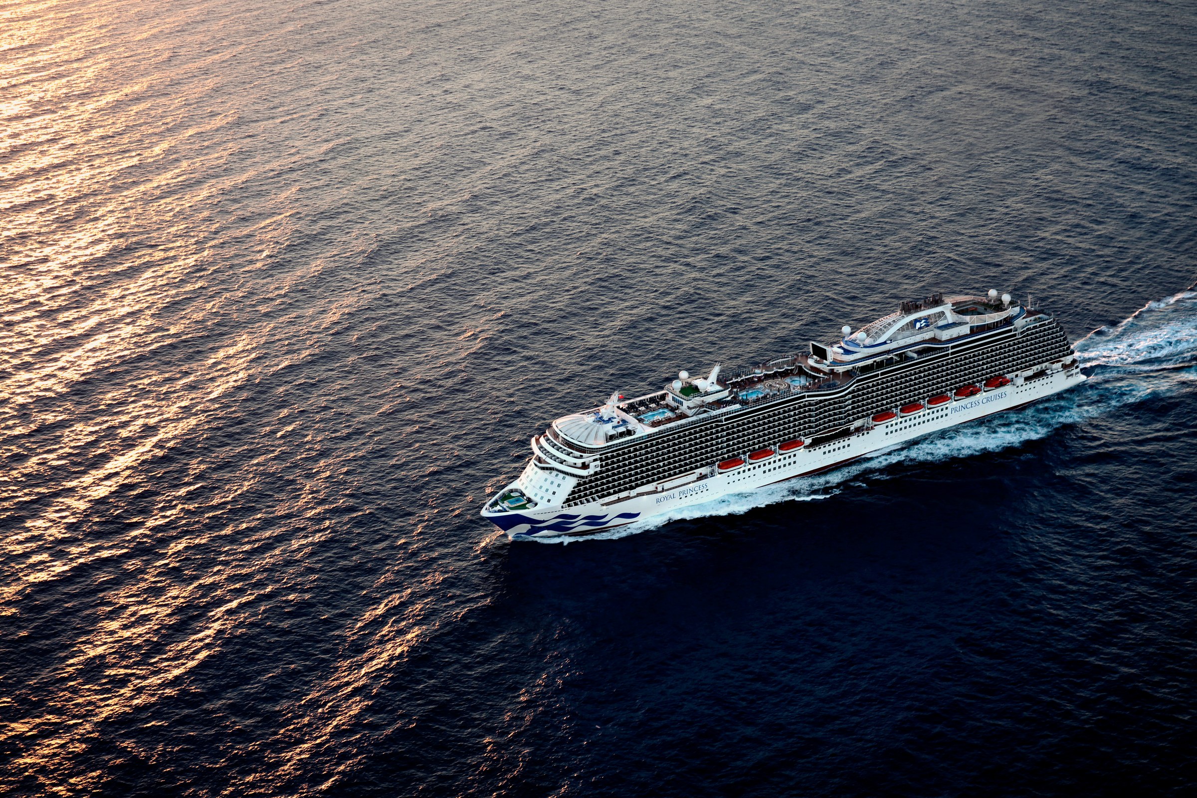 Royal Princess aerial at sea in bright sunlight