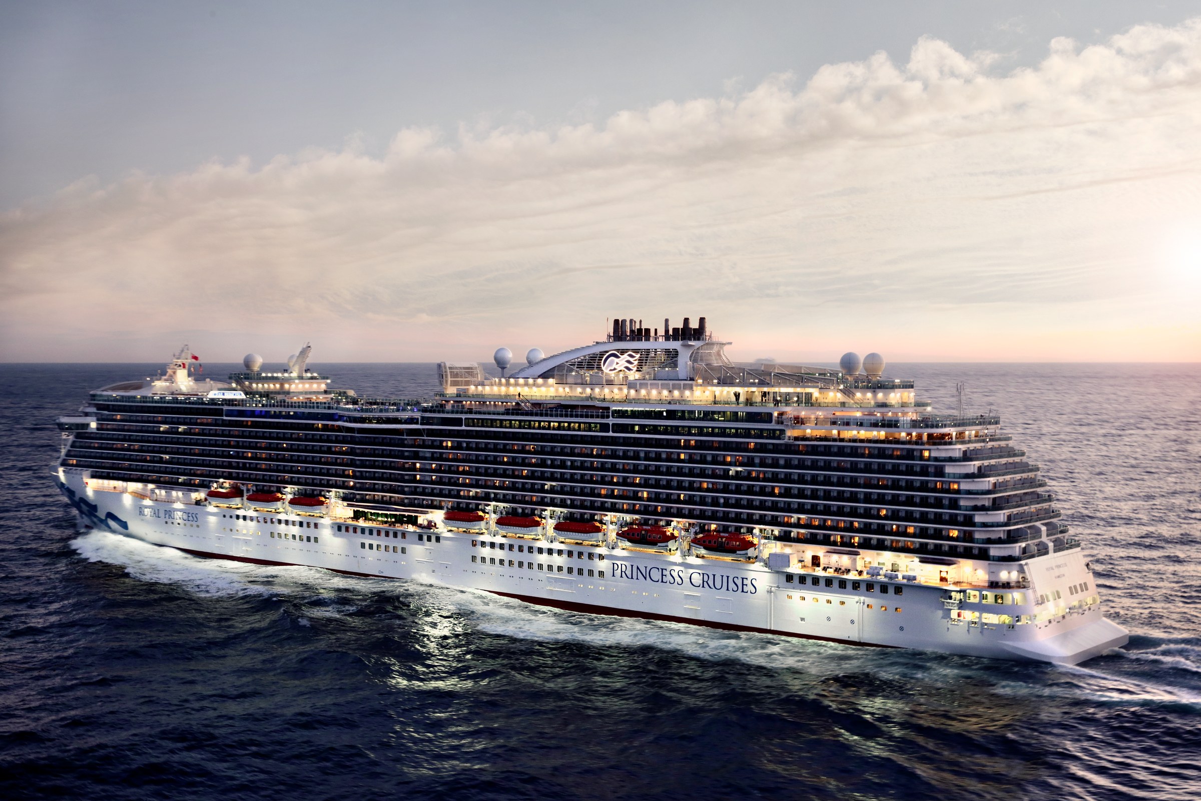 Aerial of Royal Princess cruising open blue water