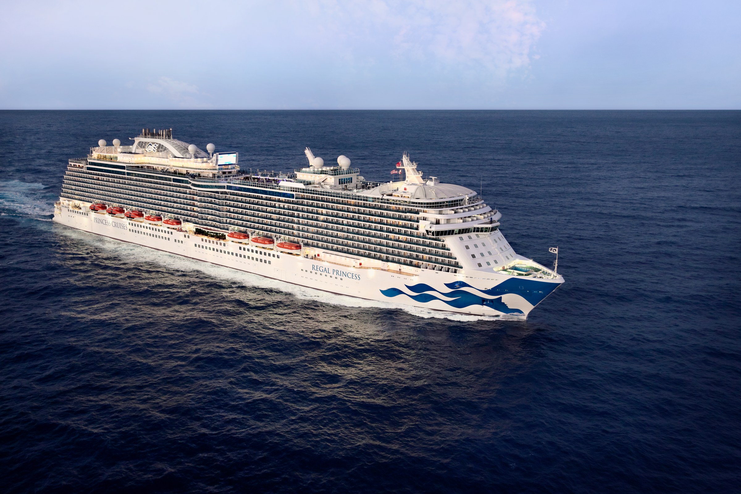 Aerial of Royal Princess cruising blue water