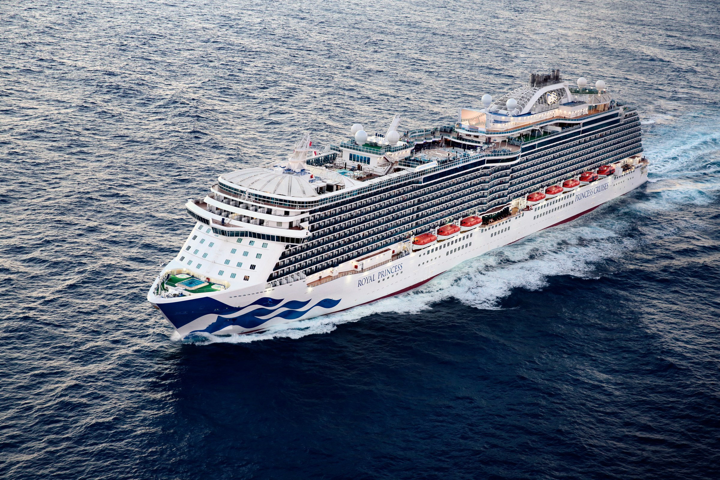 Royal Princess aerial with long wake on open sea