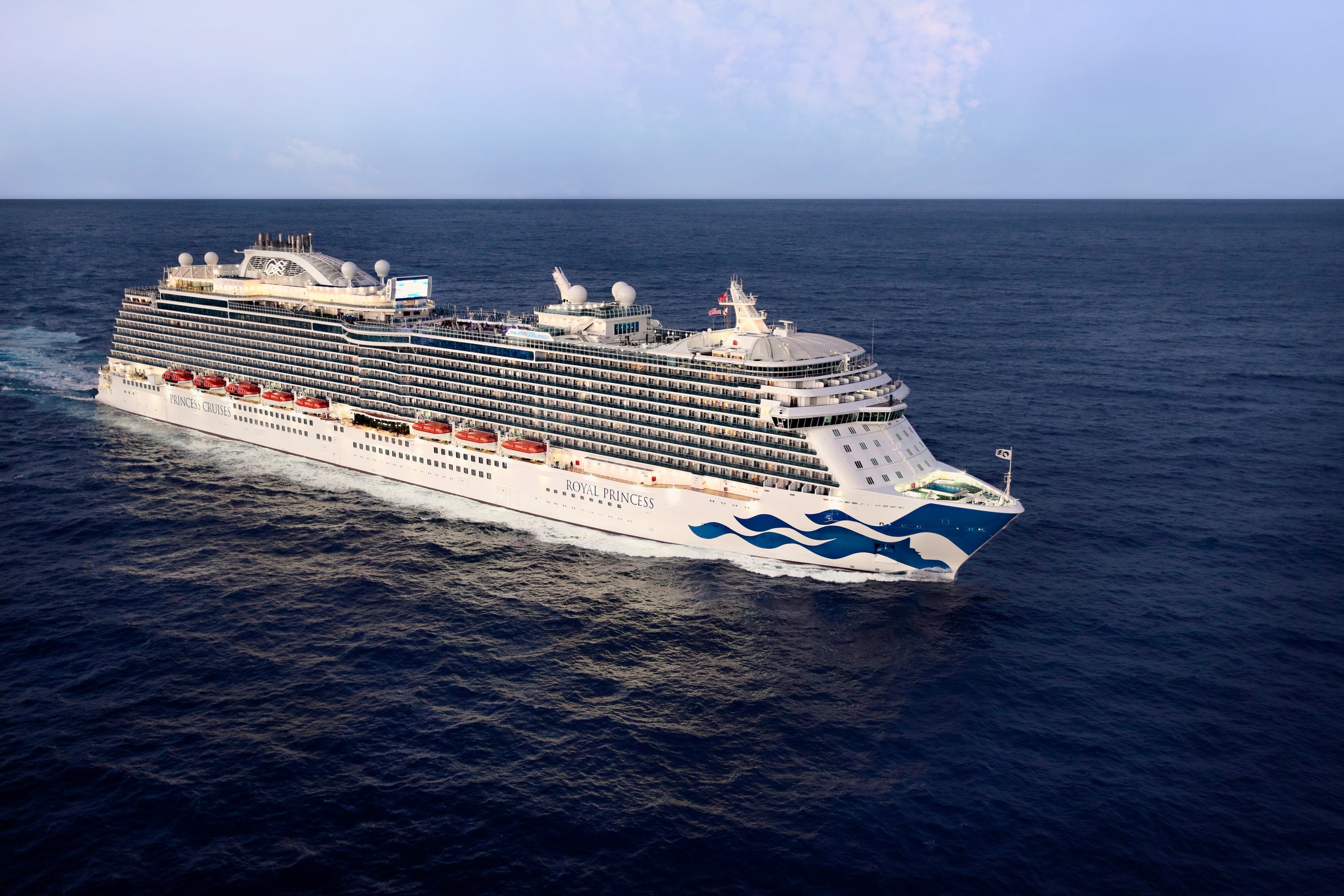 Aerial of Royal Princess cruising blue sea
