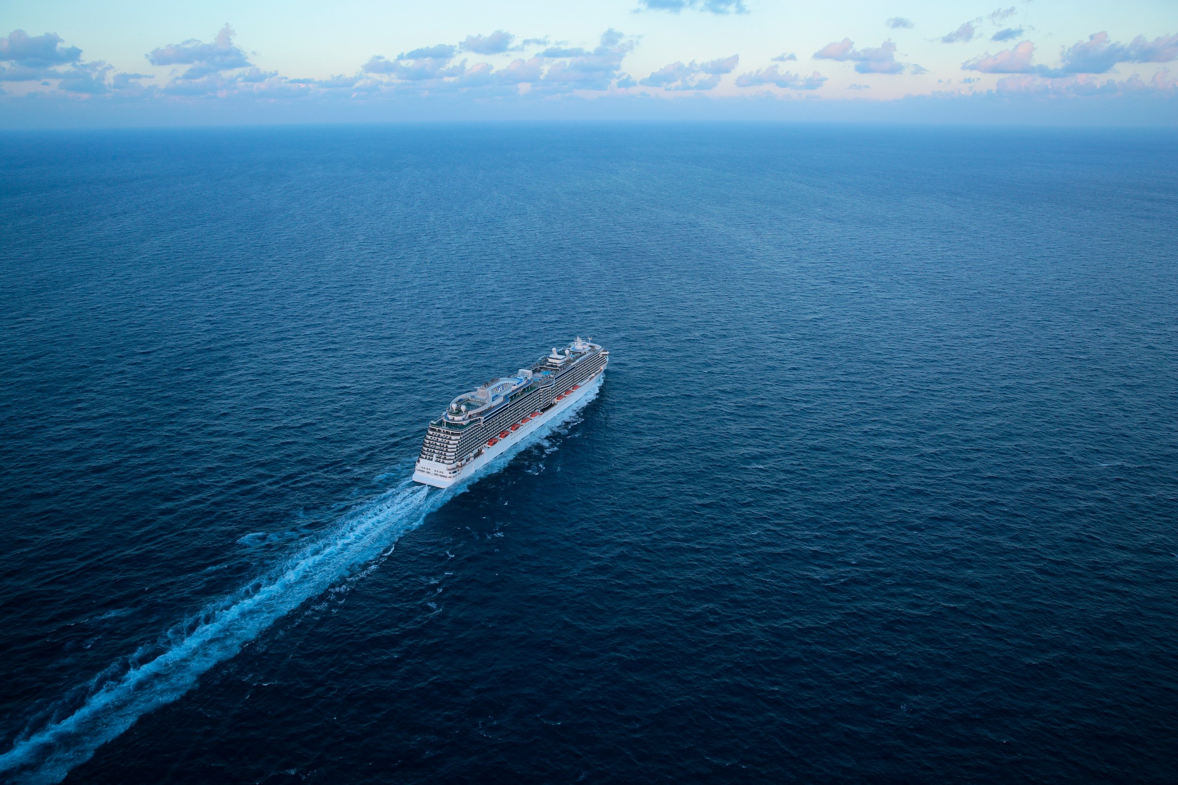 Aerial of Royal Princess underway on open water