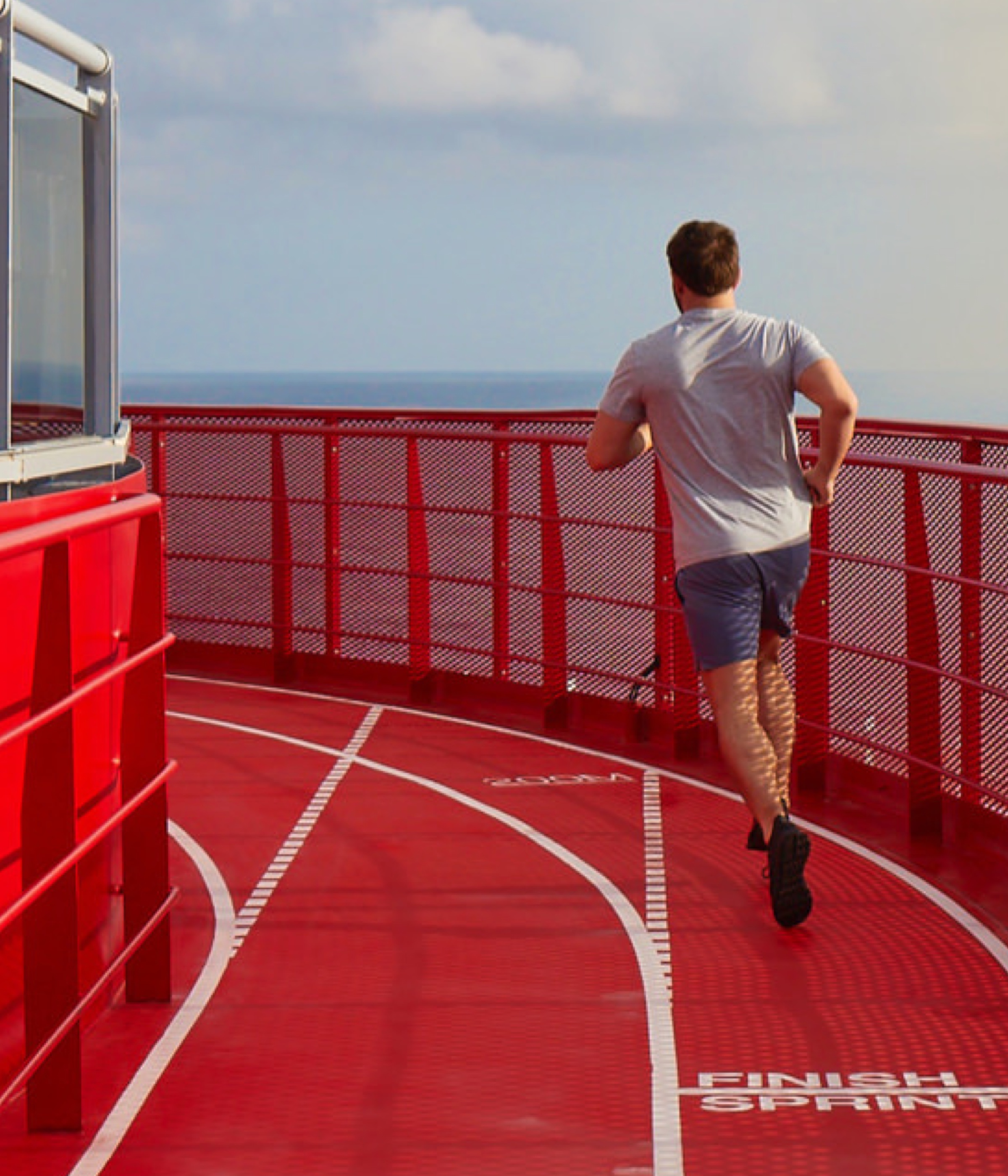 5k Relay runner on sunny outdoor deck.
