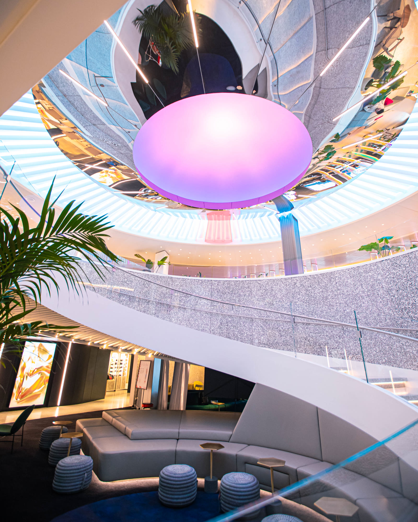 wide-feeling central Roundabout view with vivid ceiling feature.