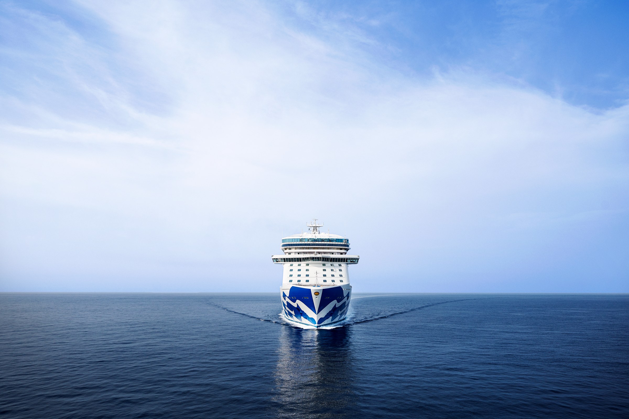 Sky Princess bow-on at sea showing the Princess wave livery